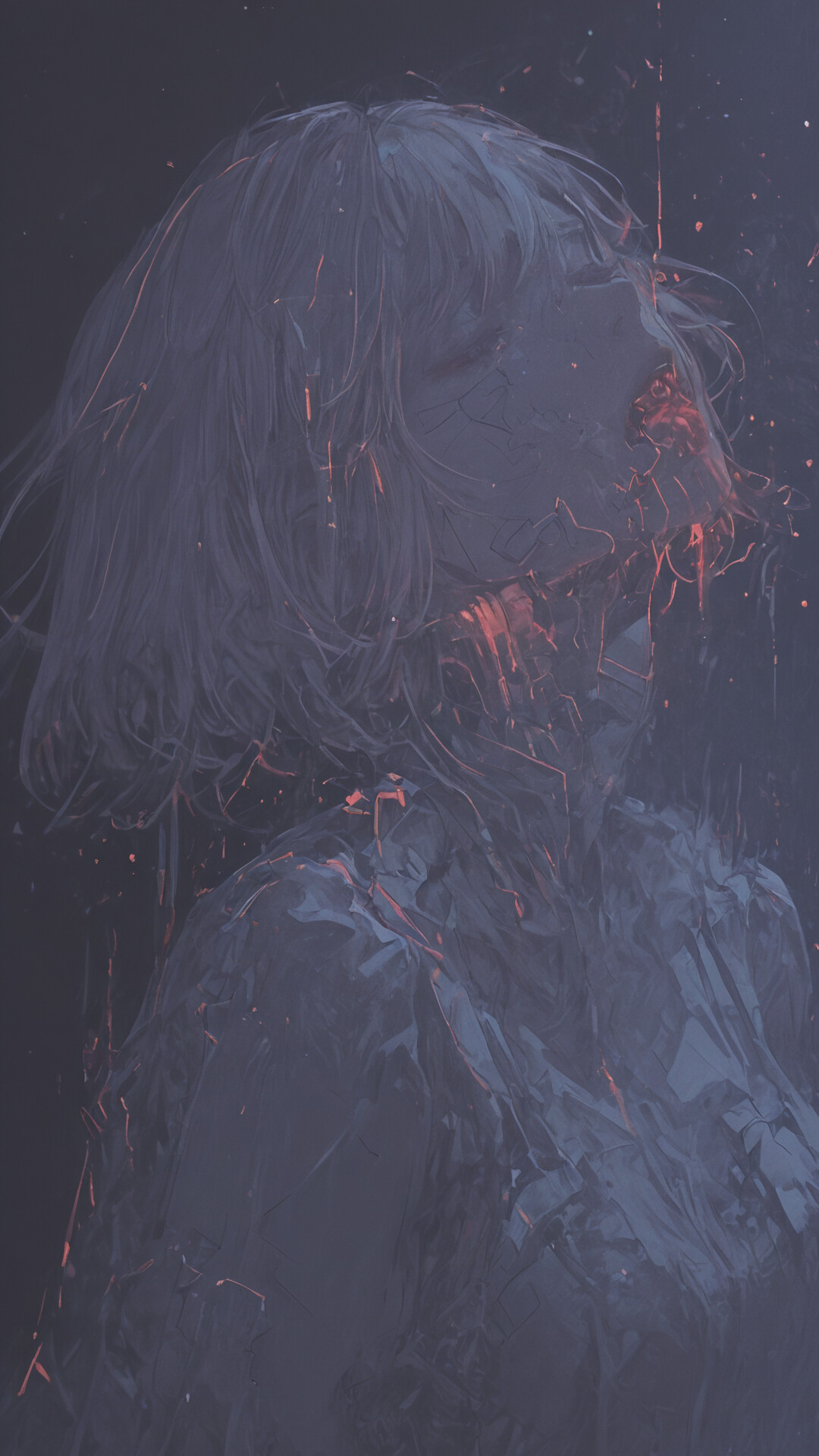 A digital painting of a woman with white hair and closed eyes, her porcelain-like body appearing to shatter and emit glowing orange sparks against a dark gray background.