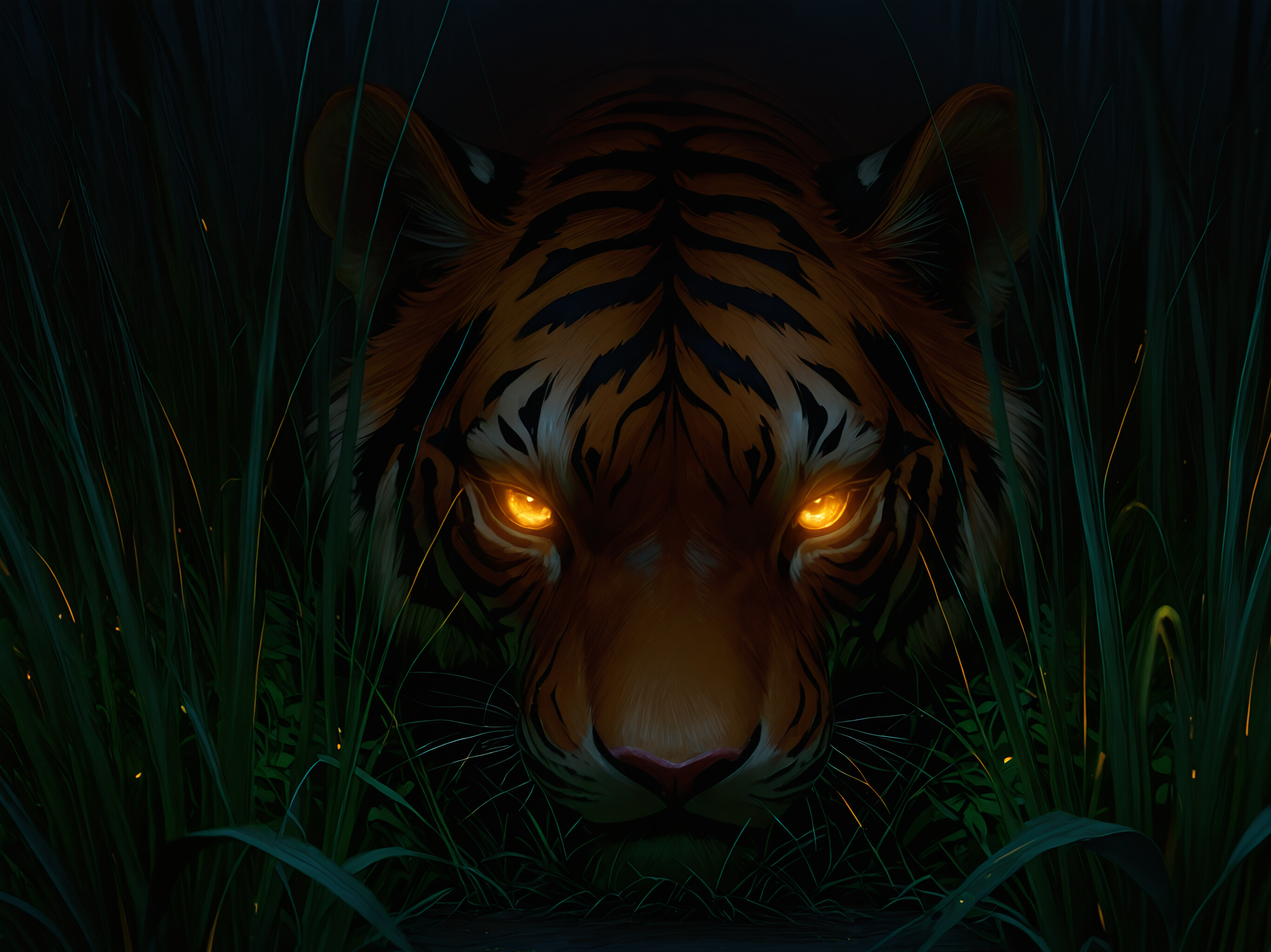 A powerful tiger with glowing yellow eyes stalks forward through tall green grass in the dark, its face illuminated and its expression intense.
