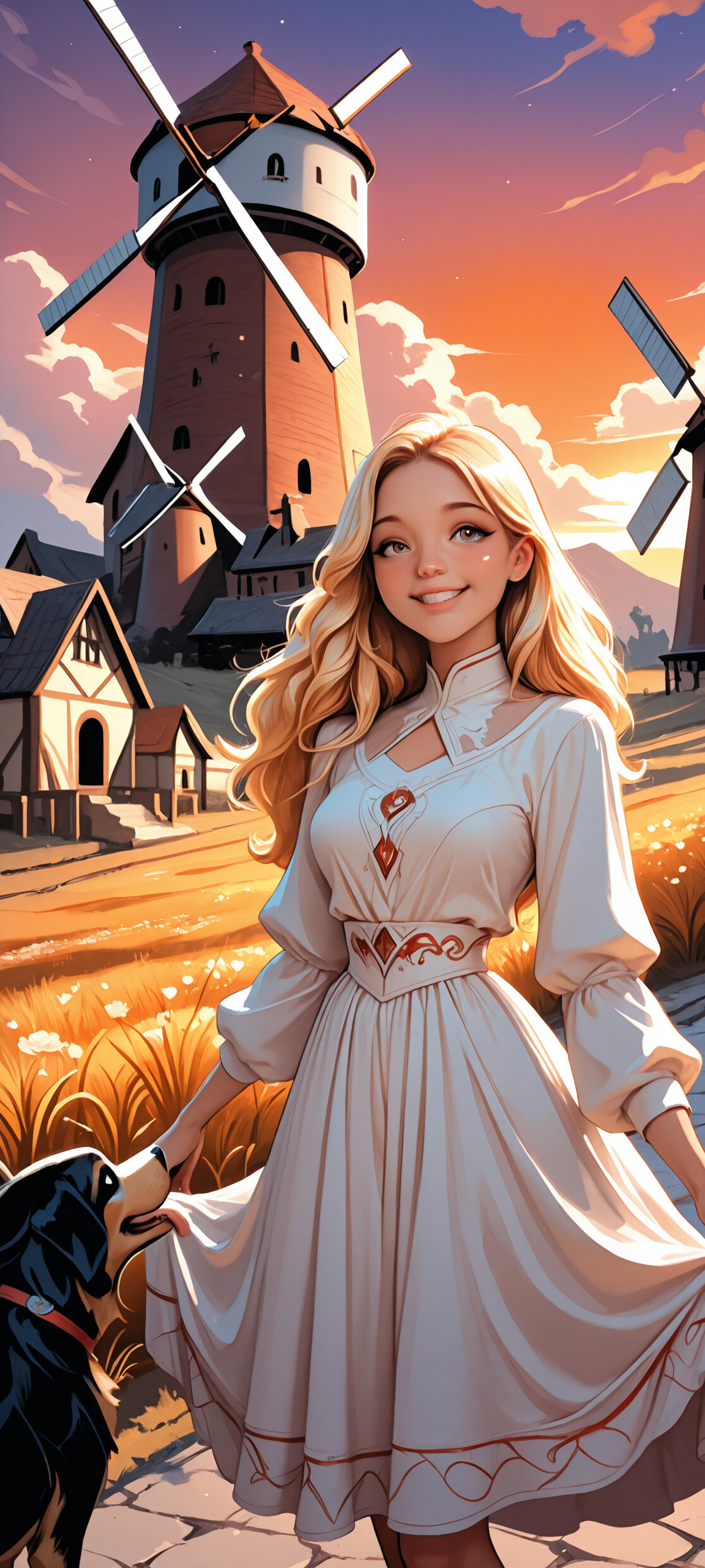 An anime-style illustration of a smiling young woman with long blonde hair in a white dress, standing in a field with her happy dog. In the background is a countryside landscape with a large windmill and houses under a sunset sky.