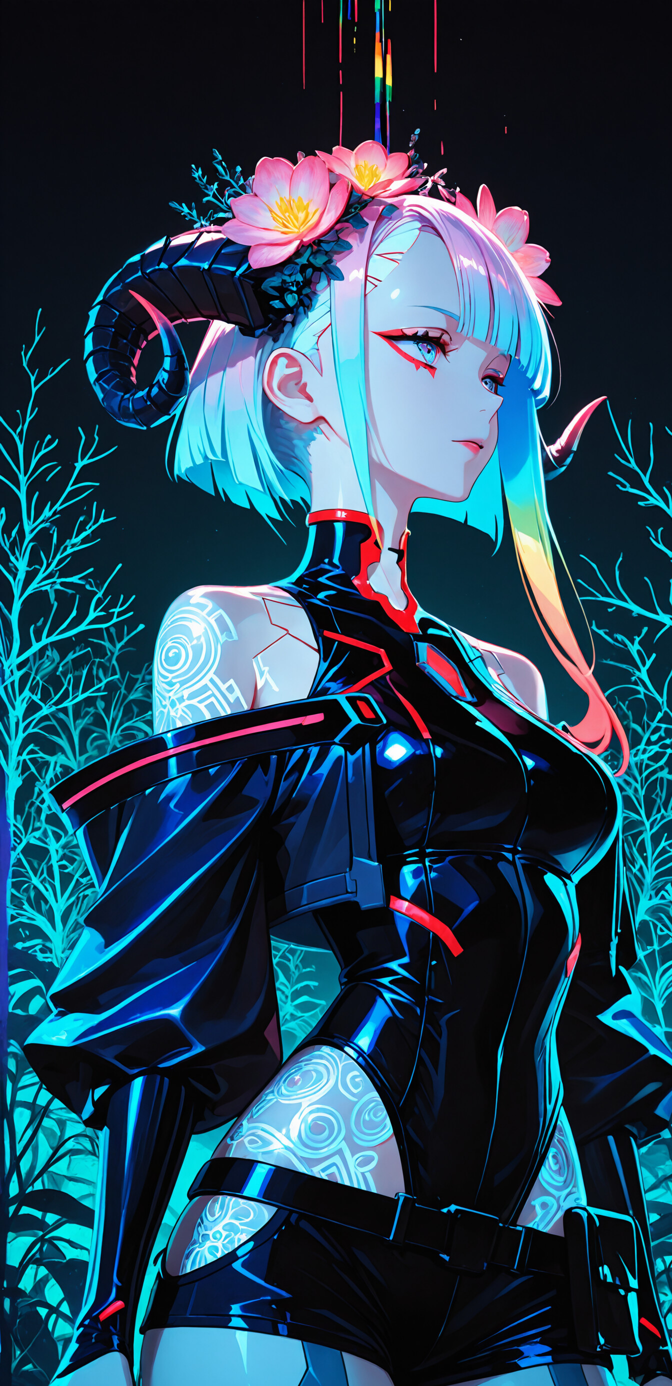 An anime illustration of a woman resembling Lucy from Cyberpunk: Edgerunners with pastel rainbow hair, large black ram horns, and a red flower. She wears a shiny black cyberpunk outfit against a dark background with a pink and blue neon circular frame.