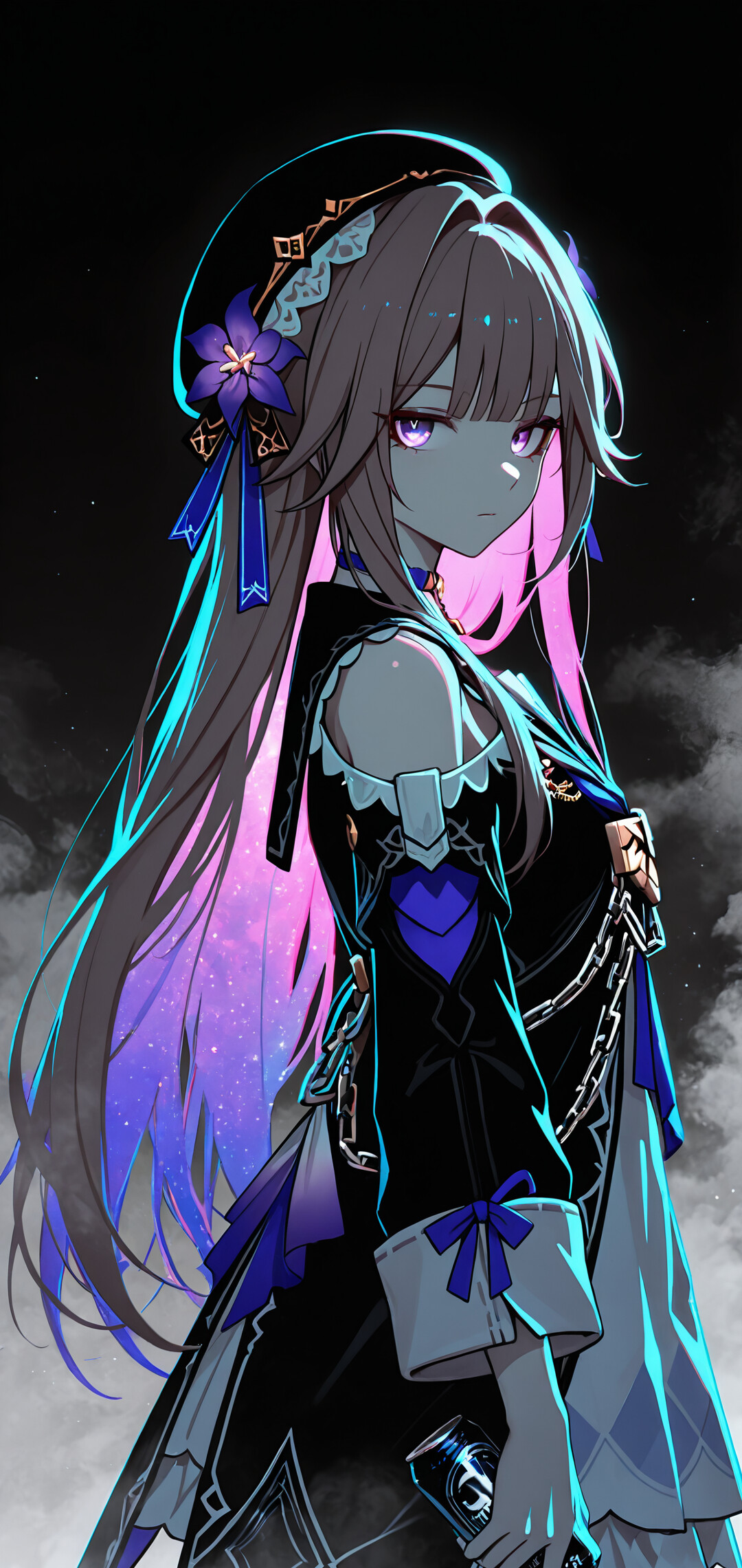 A digital illustration of Herta from Honkai: Star Rail, shown from the side against a dark background. Her long hair glows with a vibrant purple to cyan gradient, and she wears a black beret with a purple flower.