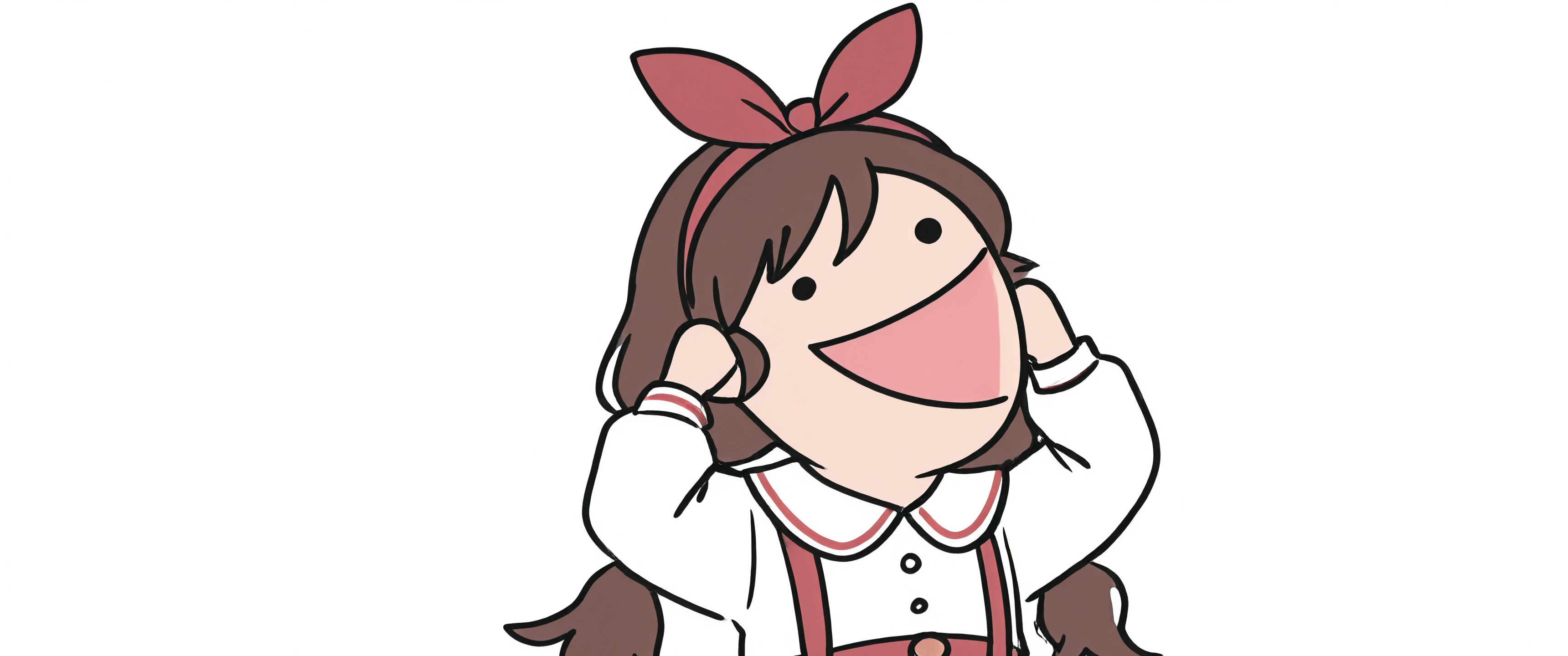 An anime-style illustration of a happy young girl with brown hair in twintails and a red bow, wearing a red suspender skirt over a white shirt, smiling with her mouth wide open against a white background.