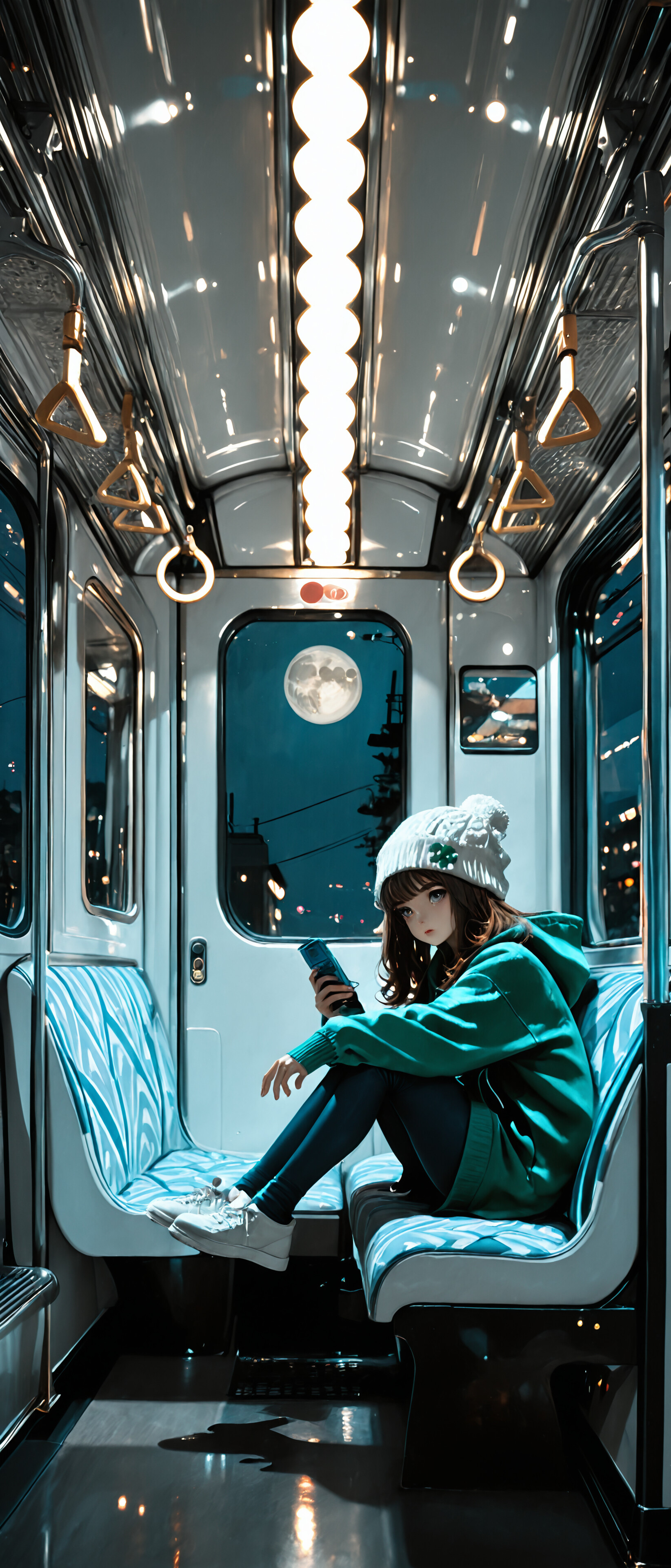 An illustration of a young woman with brown hair sitting inside a train at night, wearing a green hoodie and beanie, and playing on a blue handheld gaming device. A full moon is visible outside the train window.