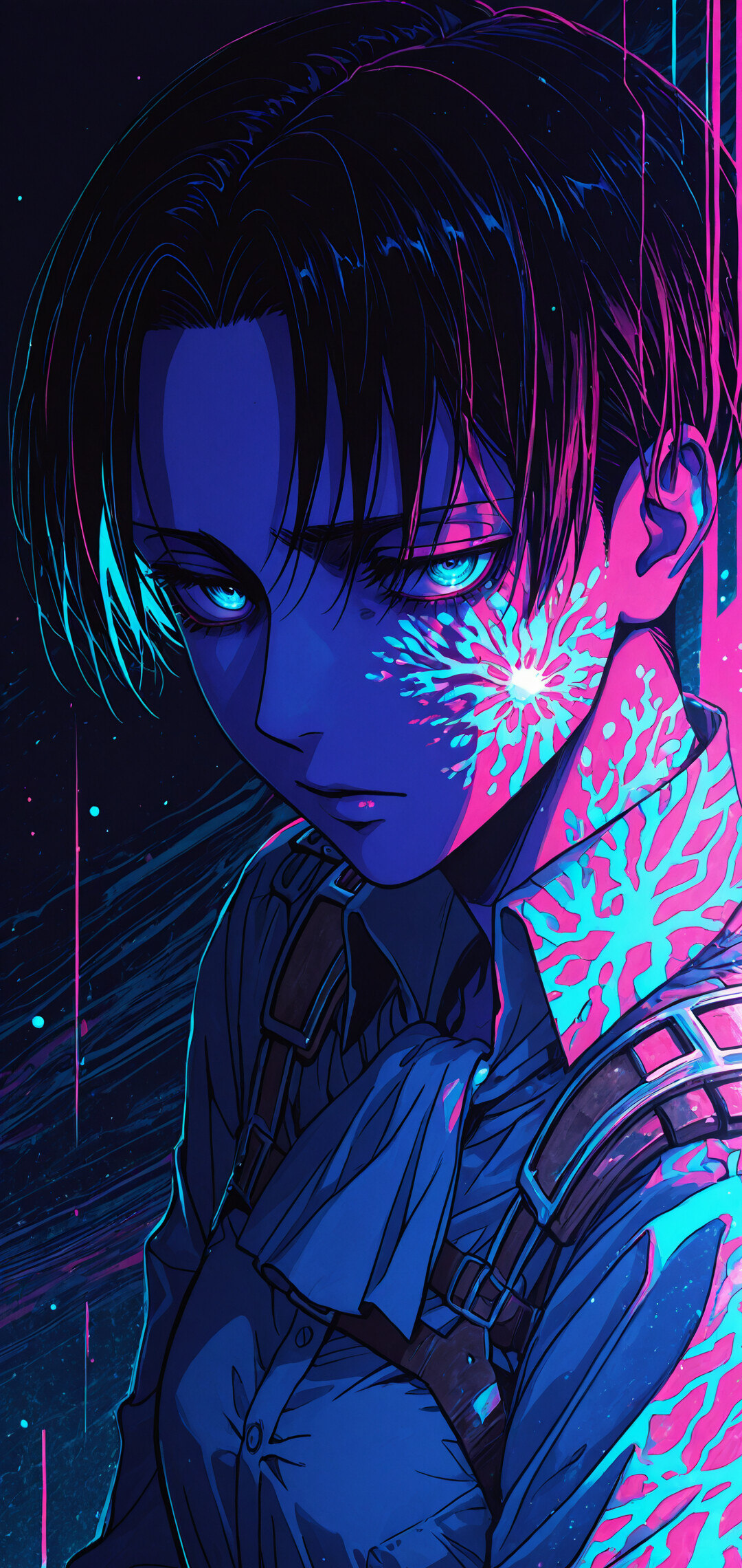 An anime-style illustration of Levi Ackerman from Attack on Titan, with his hand to his chest. The artwork features a vibrant neon color palette of blue, pink, and purple with an abstract, energetic background.