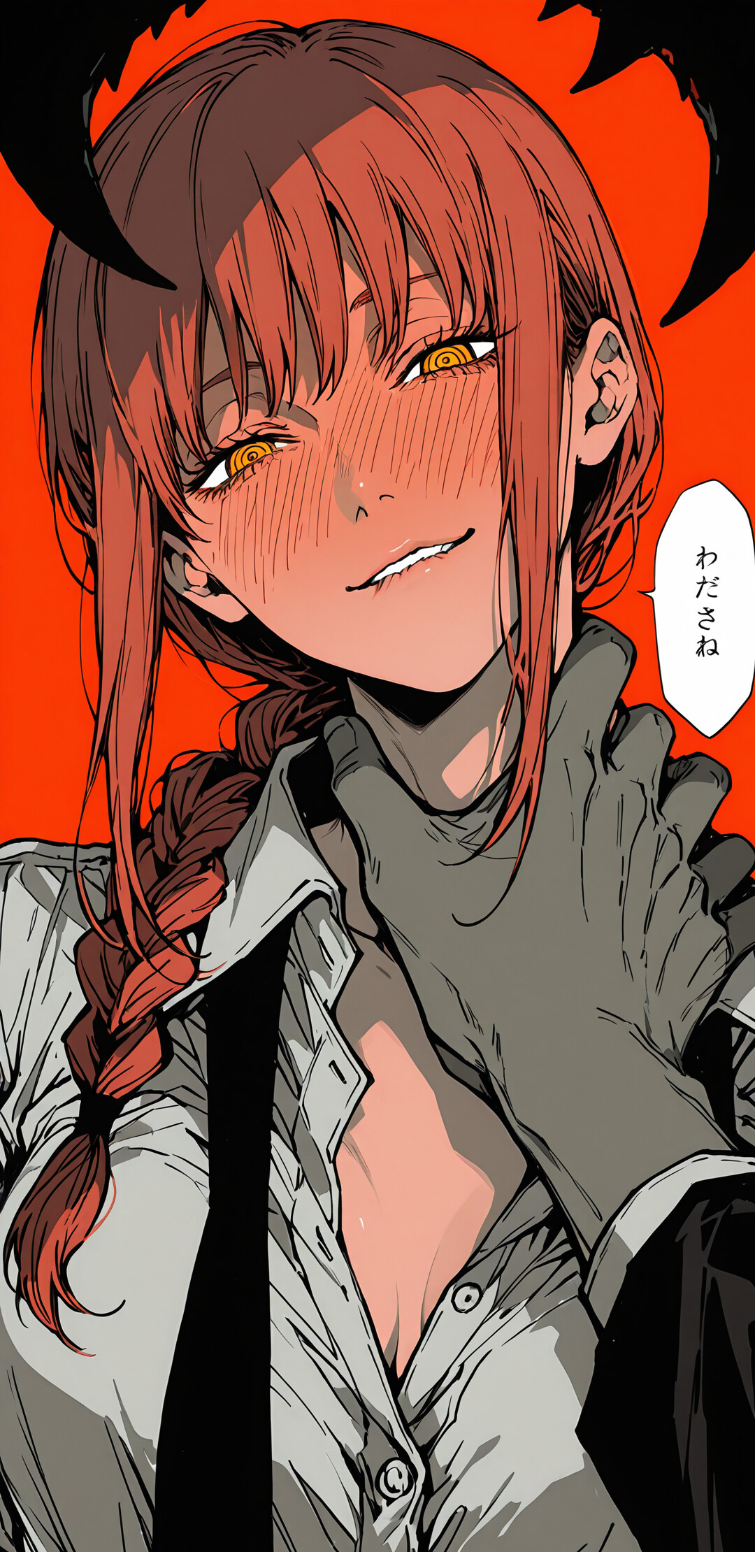 A colored manga-style illustration of Makima from Chainsaw Man being choked. She has a flushed, smug expression with half-closed, ringed yellow eyes and is looking directly at the viewer against a red background.