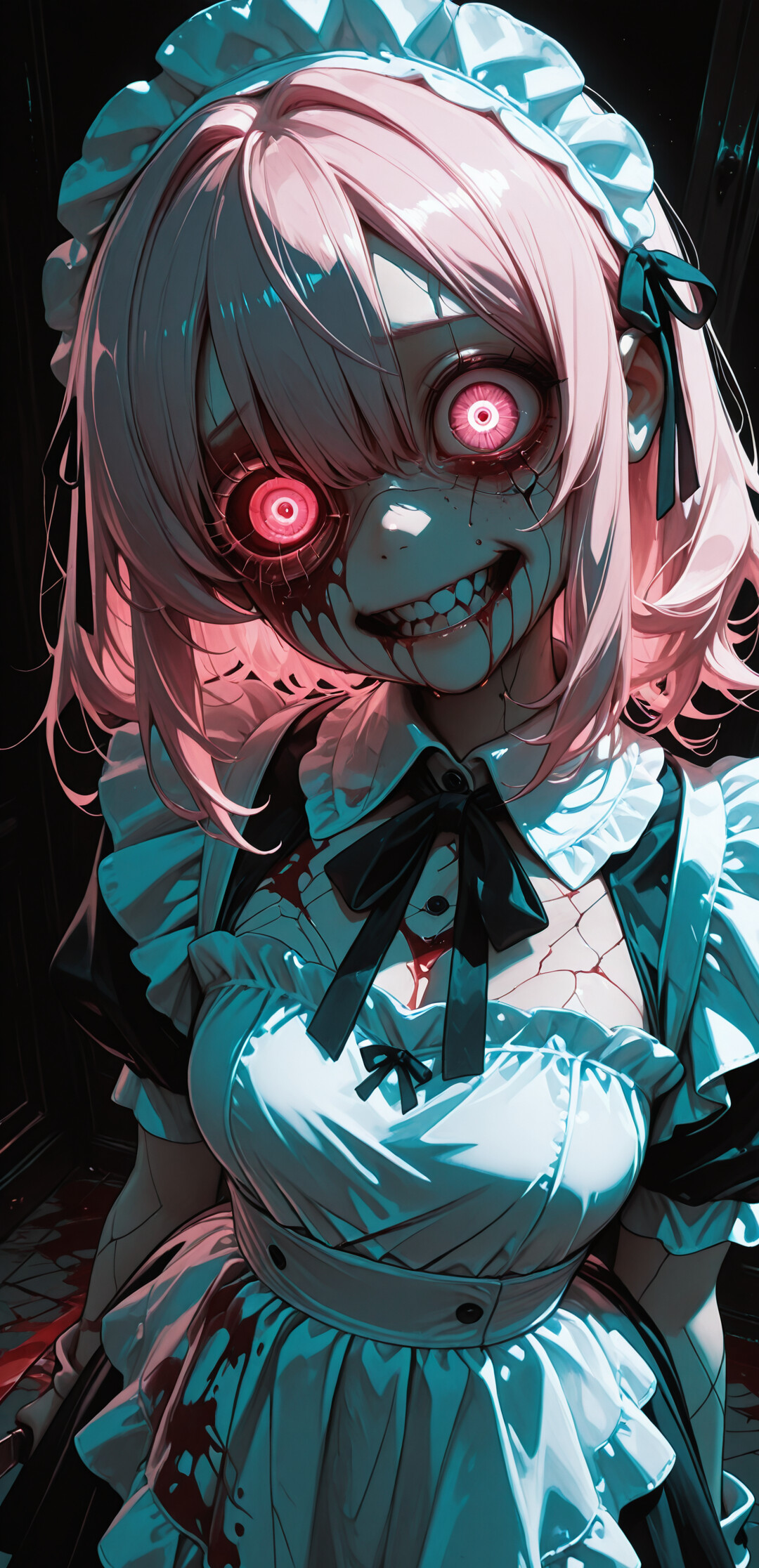 A horror-themed illustration of a pink-haired anime girl in a maid outfit. Her face has cracked skin and is splattered with blood, and she has glowing red cybernetic eyes in a dark, eerie setting.