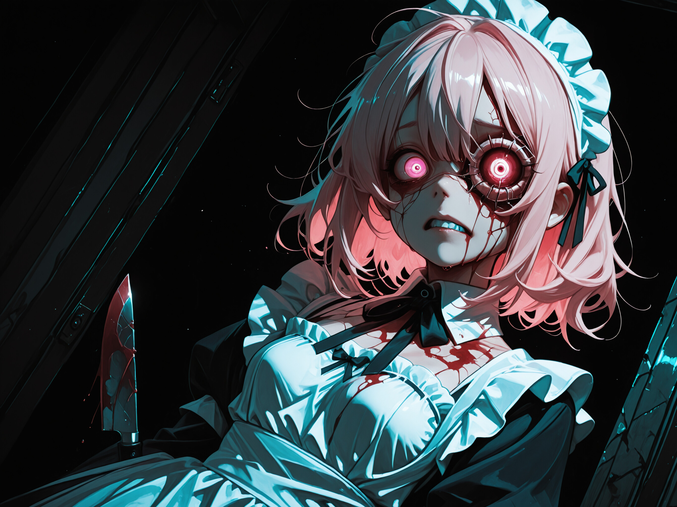 A horror-themed illustration of a pink-haired anime girl in a maid outfit. Her face has cracked skin and is splattered with blood, and she has glowing red cybernetic eyes in a dark, eerie setting.