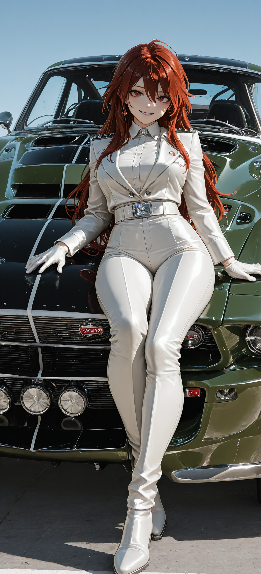 Front view of a heavily modified vintage Ford Mustang in a deep green color, featuring a custom grille and five round lights on the front bumper, parked outdoors on a sunny day.