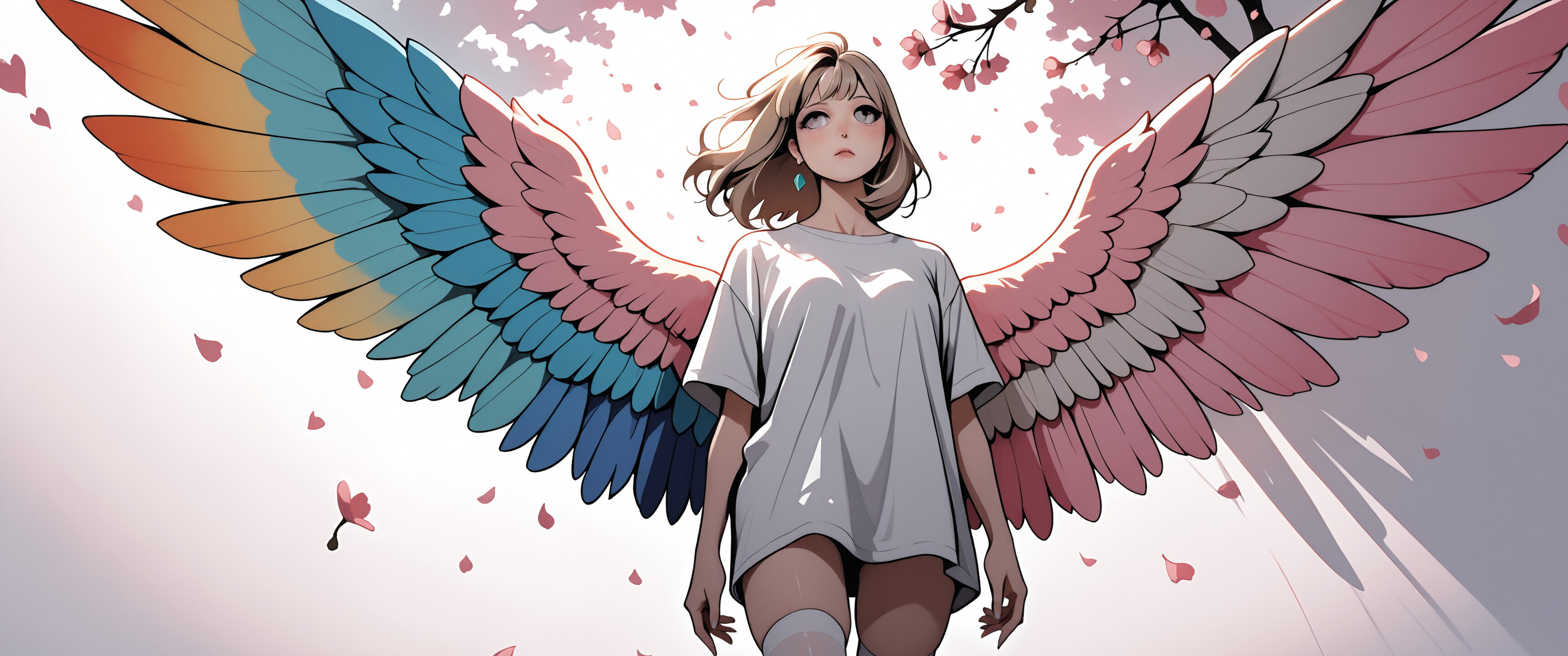 Full-body illustration of an anime girl with colorful feathered wings. She has light brown hair, wears an oversized white shirt, white thigh-highs, and sneakers, and is standing amidst falling cherry blossom petals against a dark background with a bright light behind her.