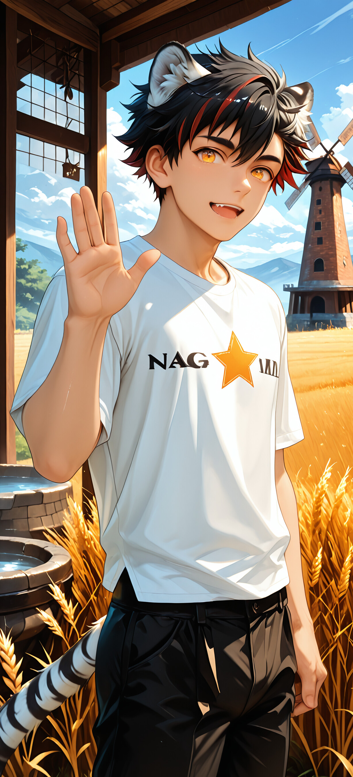 An anime boy with black and red hair, tiger ears, and a tiger tail, identified as Nagumo Tetora from Ensemble Stars!!, smiling and waving in a golden wheat field with a windmill in the background.