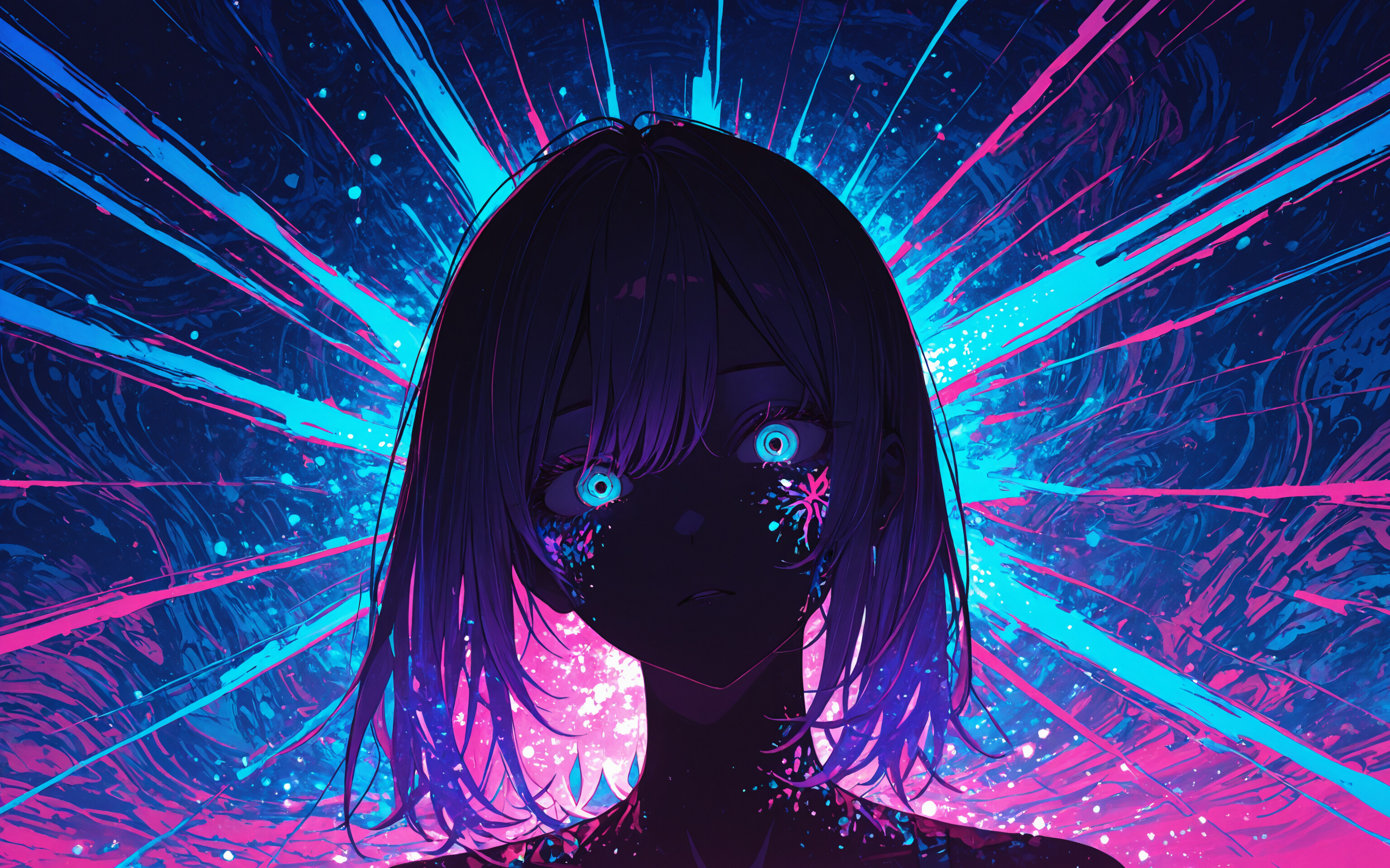 A silhouette of an anime girl in a school uniform with glowing pink hair tips, standing in front of an explosive background of neon blue and pink light.