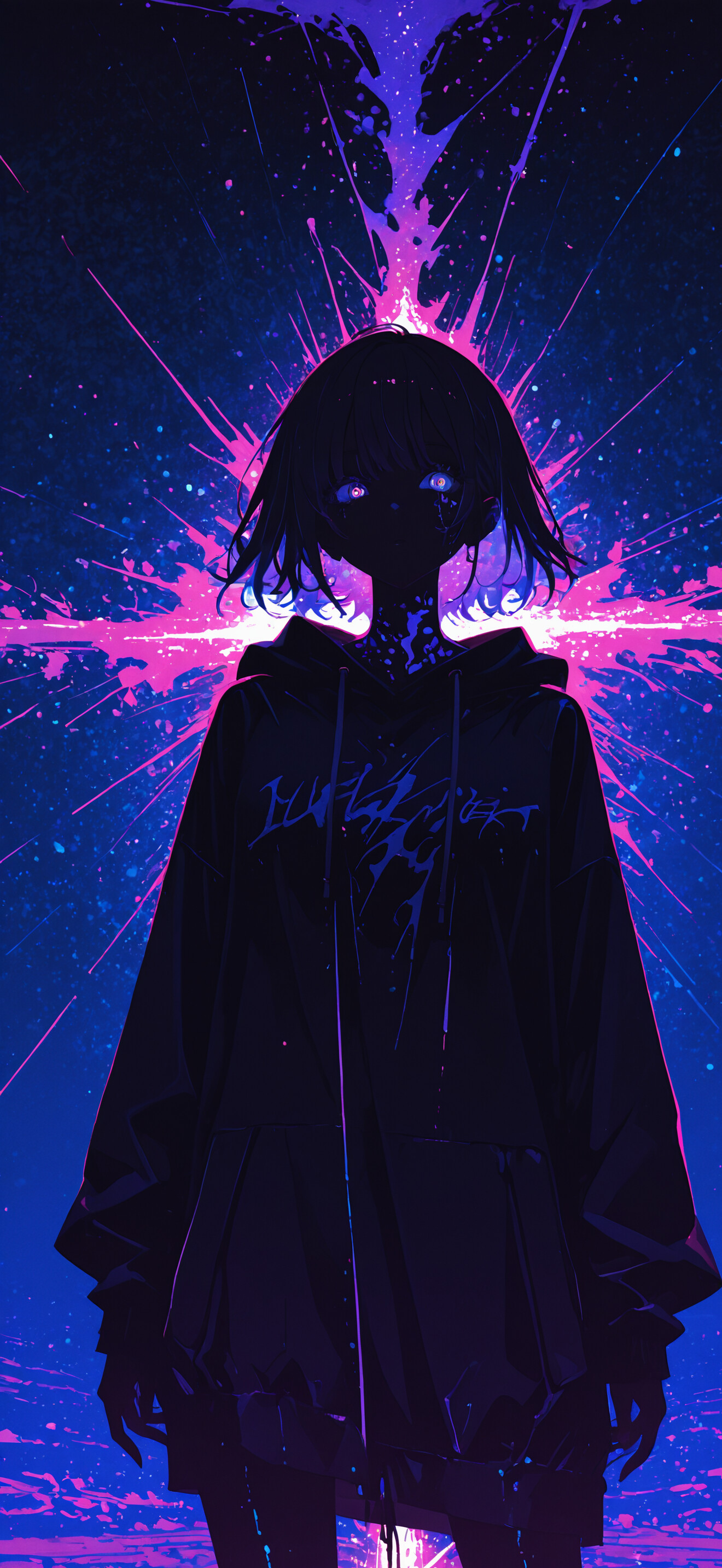 A silhouette of an anime girl in a school uniform with glowing pink hair tips, standing in front of an explosive background of neon blue and pink light.