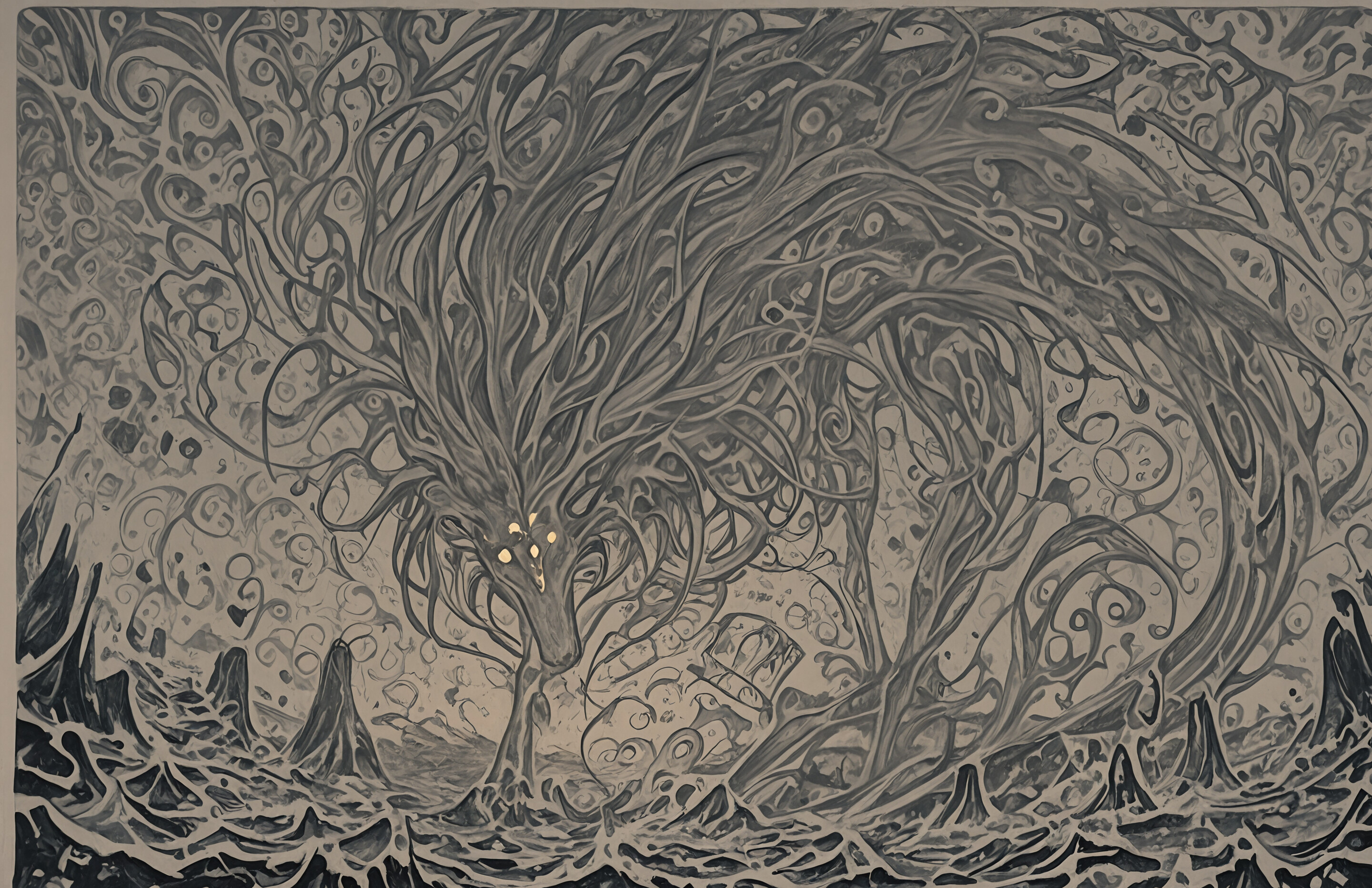 An abstract painting with a dark background covered in a dense, intricate web of swirling golden lines and dots. In the upper center, a single, bright, glowing orb of light serves as a focal point.