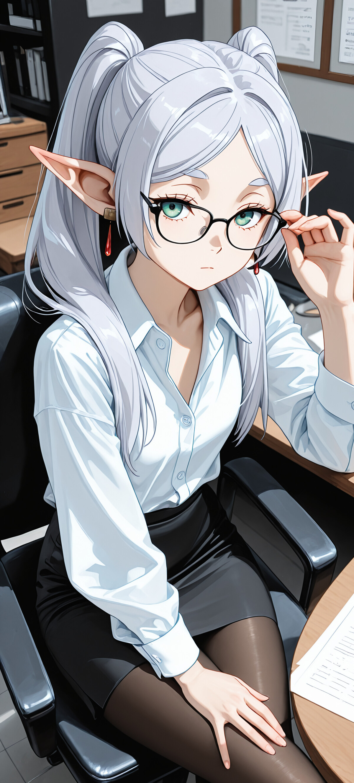 A full-body illustration of the elf Frieren from 'Frieren: Beyond Journey's End' in an office. She has white hair in twintails and is wearing a white dress shirt, black pencil skirt, and glasses. She sits in an office chair, adjusting her glasses and looking at the viewer.