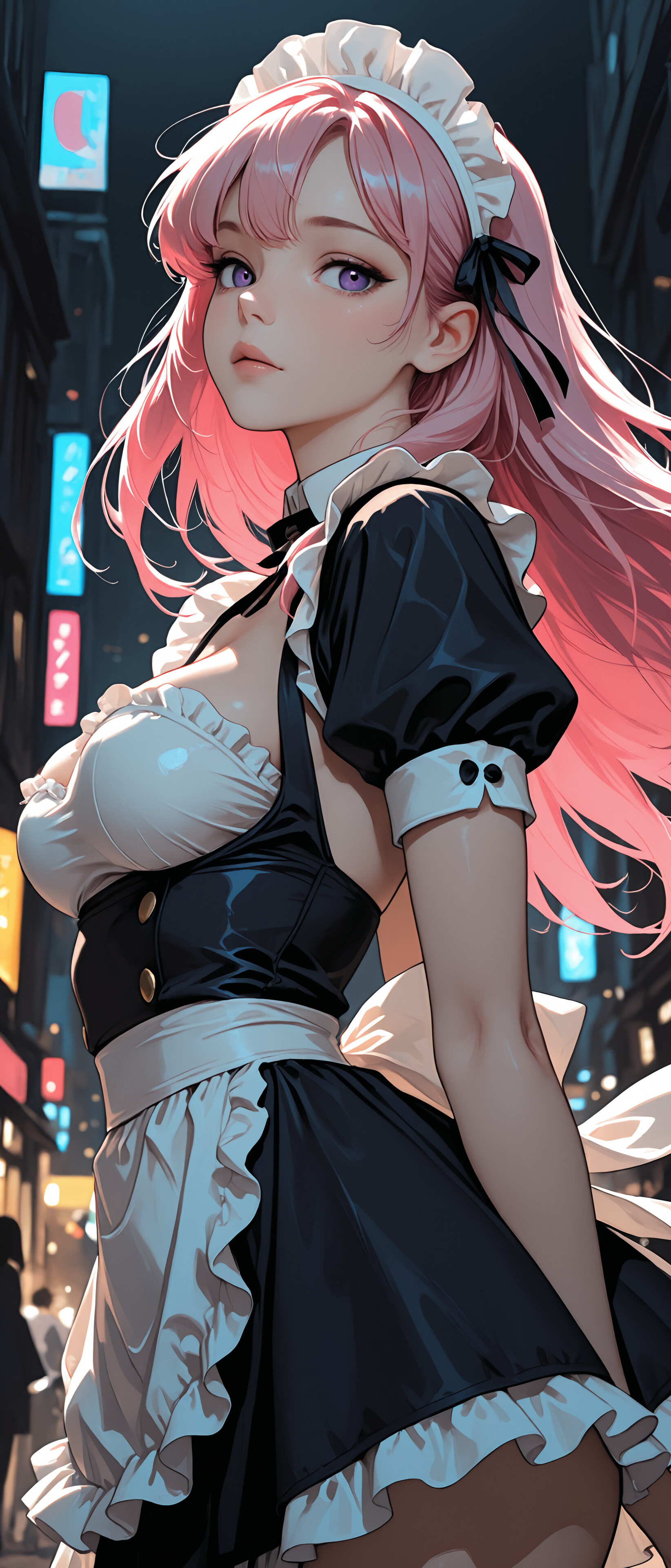 An anime-style illustration of a young woman with long pink hair and purple eyes wearing a black and white maid costume. She is standing on a city street at night, with blurred neon lights in the background.