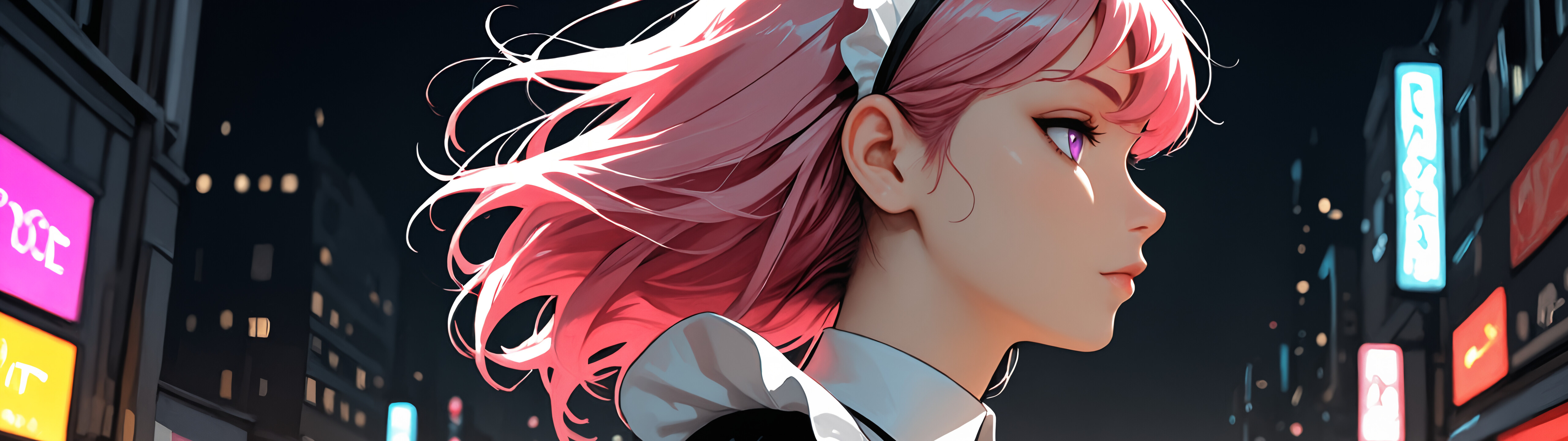 An anime-style illustration of a young woman with long pink hair and purple eyes wearing a black and white maid costume. She is standing on a city street at night, with blurred neon lights in the background.