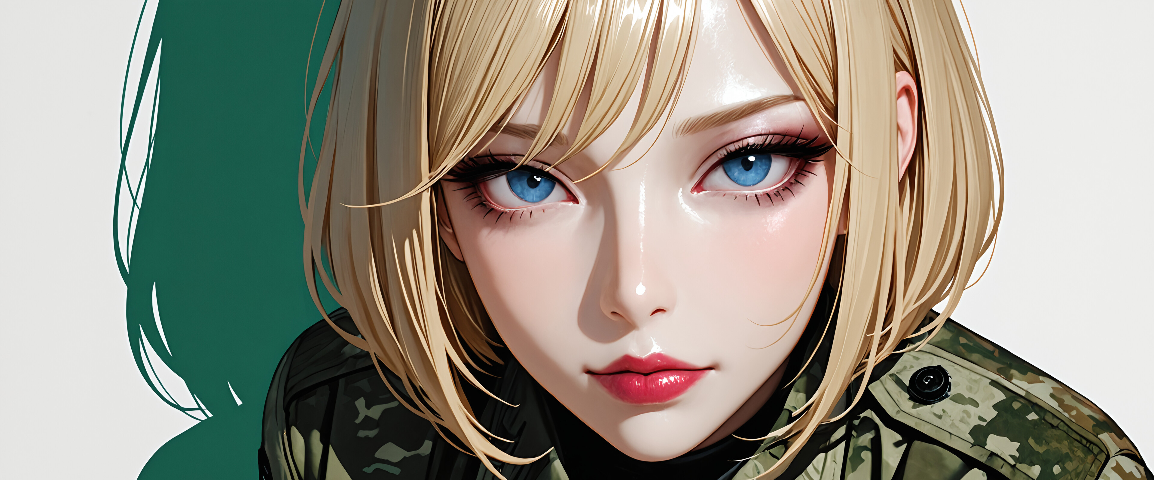 A detailed illustration of a beautiful female soldier with a short blonde bob and intense blue eyes, wearing a green camouflage uniform and black tactical harness, posing against a white background.