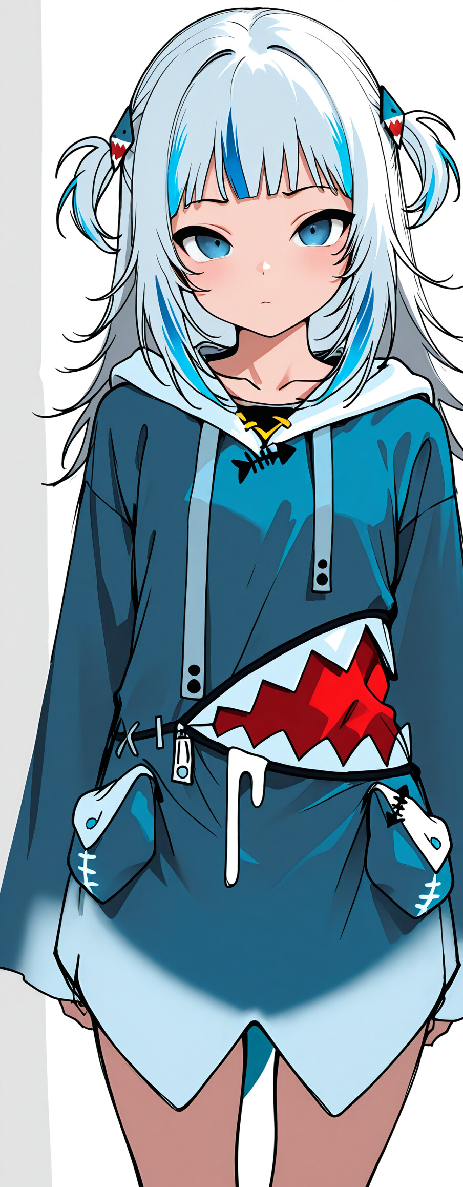 A close-up digital portrait of Gawr Gura, an anime girl with white and blue hair, blue eyes, and wearing her signature blue hoodie with a shark mouth design.