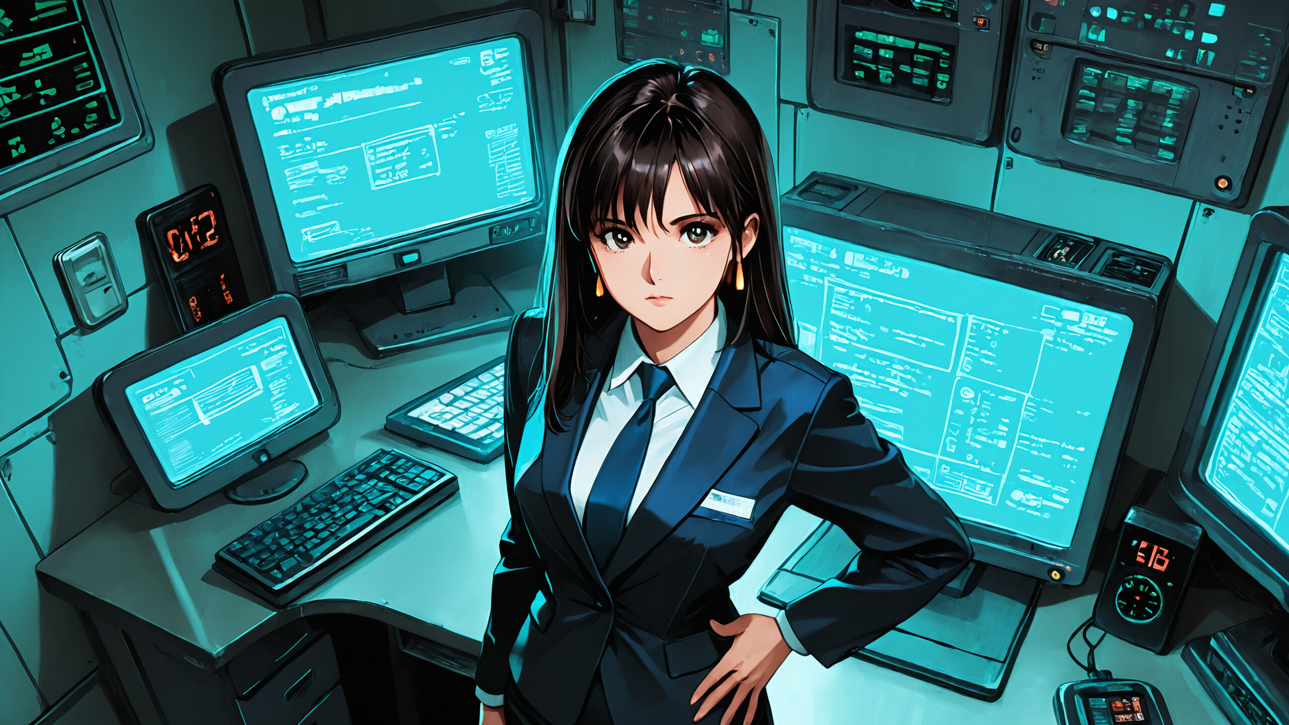 An anime-style illustration of a young woman with short black hair in a business suit, standing in a computer control room. She has one hand on her hip and the other on a keyboard, looking directly at the camera amidst screens and clocks with blue-green lighting.