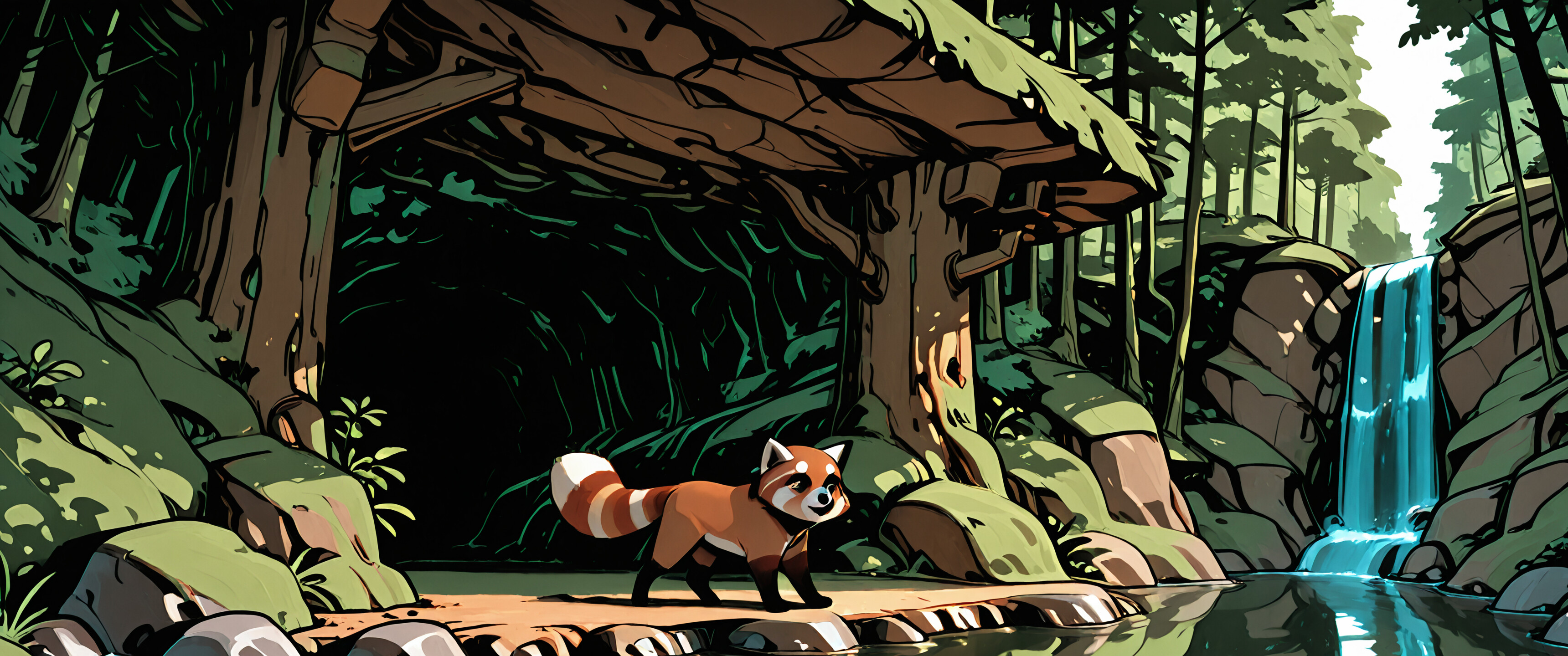 A vertical illustration of a sunlit forest gorge with a waterfall. Two red pandas are on the rocky, terraced cliffside. One sits by the waterfall, and the other is walking higher up. Tall pine trees tower above the scene.