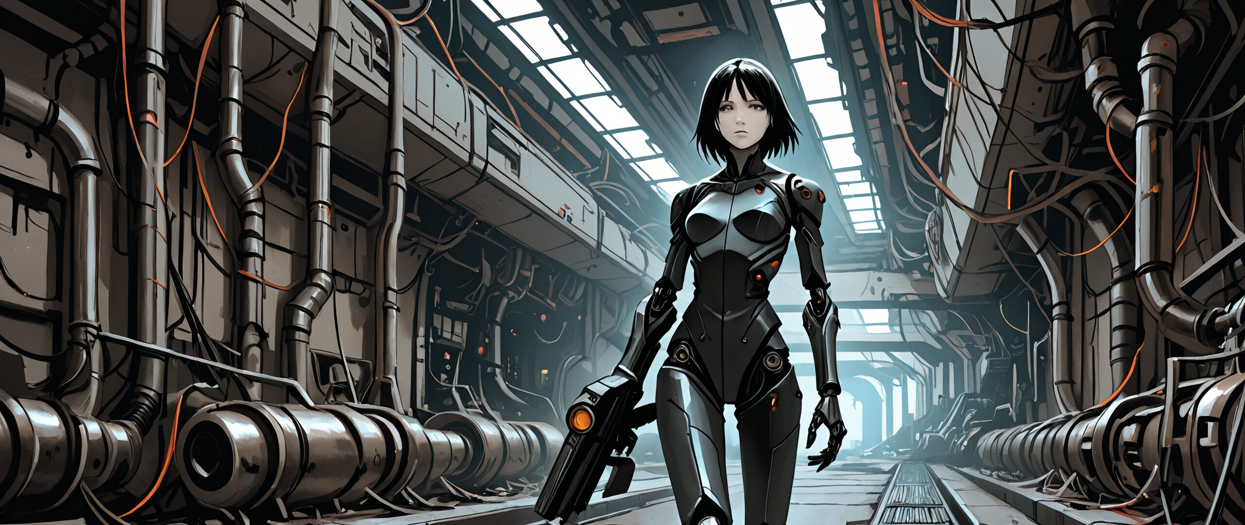 A full-body illustration of the cyborg character Sanakan from the manga BLAME! walking towards the viewer in a dark, narrow, industrial sci-fi hallway filled with pipes and cables. She has short black hair and is holding a large gun.