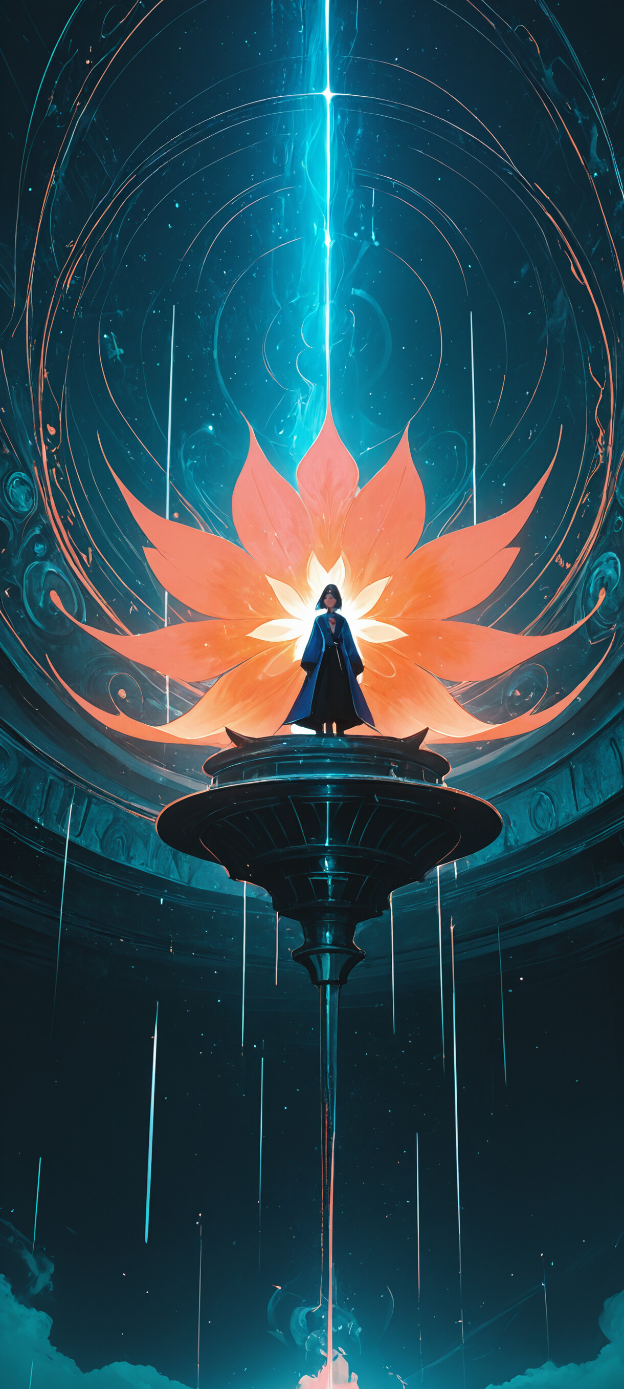 A full-body illustration of a young woman with short black hair in a dark, futuristic coat, standing before a large, glowing teal and red circular portal in a dark, rocky environment.