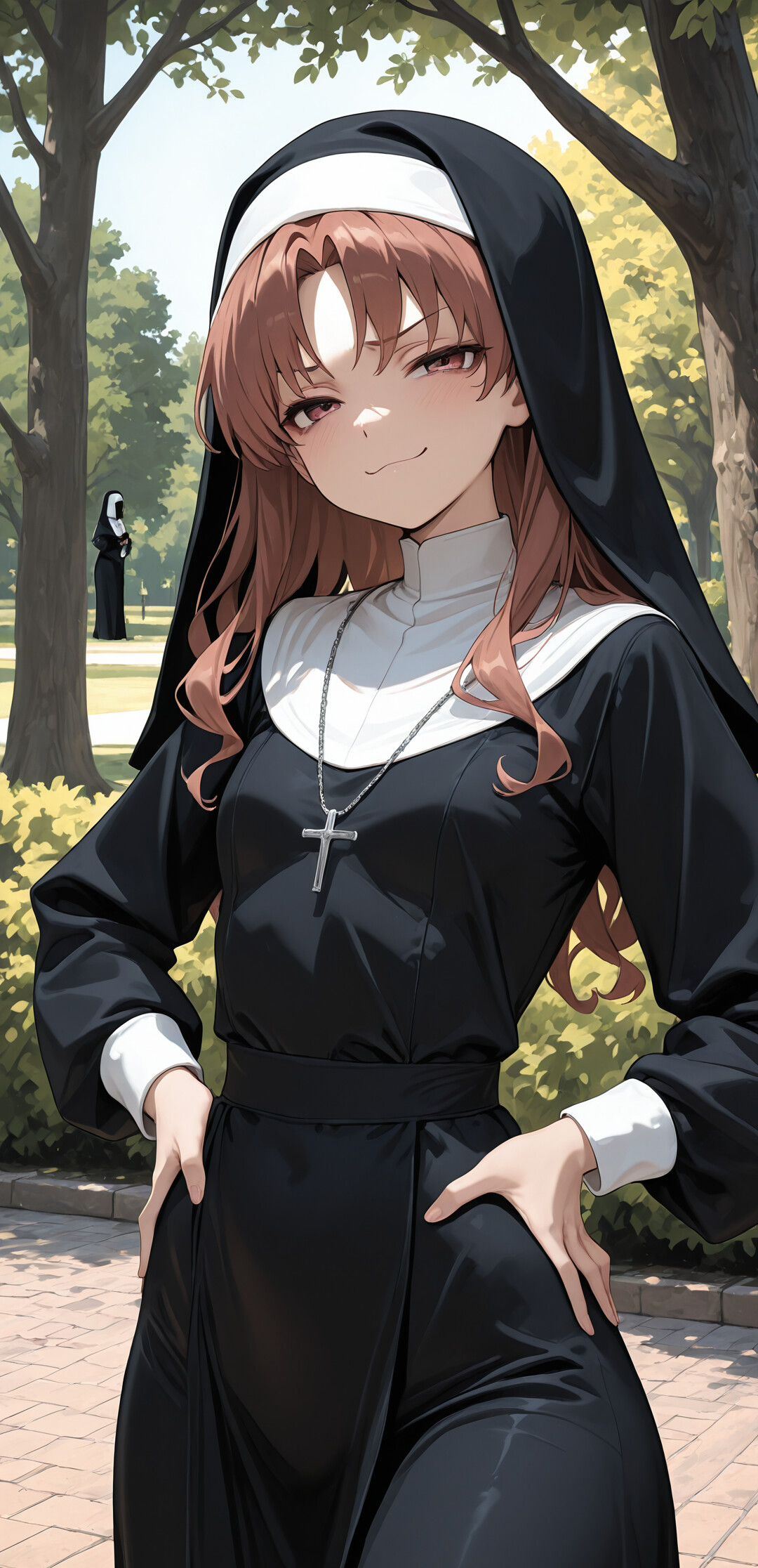 An anime-style illustration of Shirai Kuroko from 'A Certain Scientific Railgun' as a nun. She has long brown hair, a smug expression, and stands with her hands on her hips in a park.