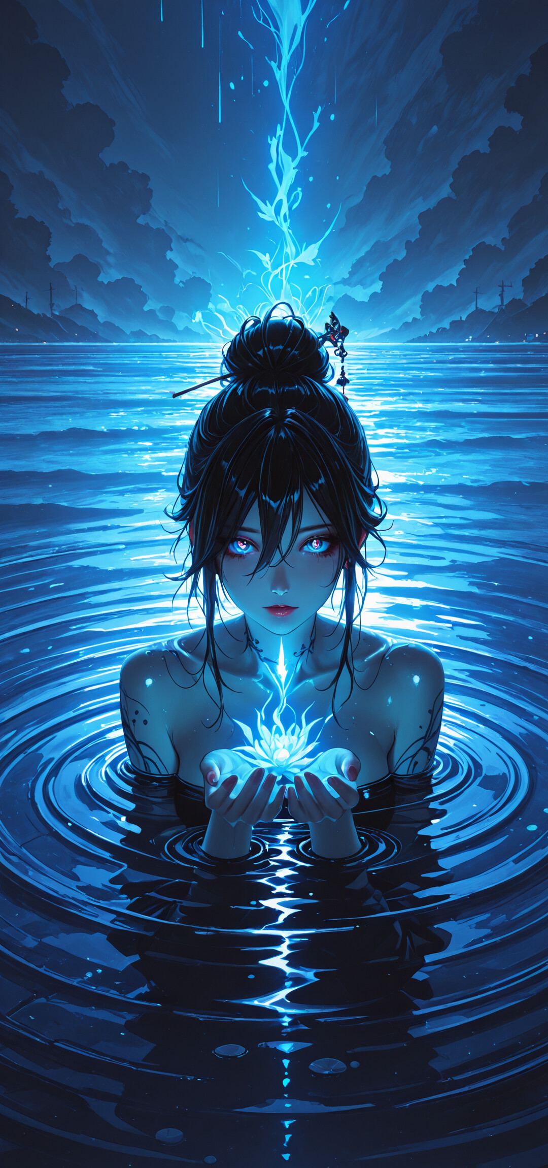 An anime-style illustration of a woman with black hair in a bun, submerged to her neck in dark water that glows with blue light, creating ripples around her as she looks forward with piercing, luminous blue eyes.