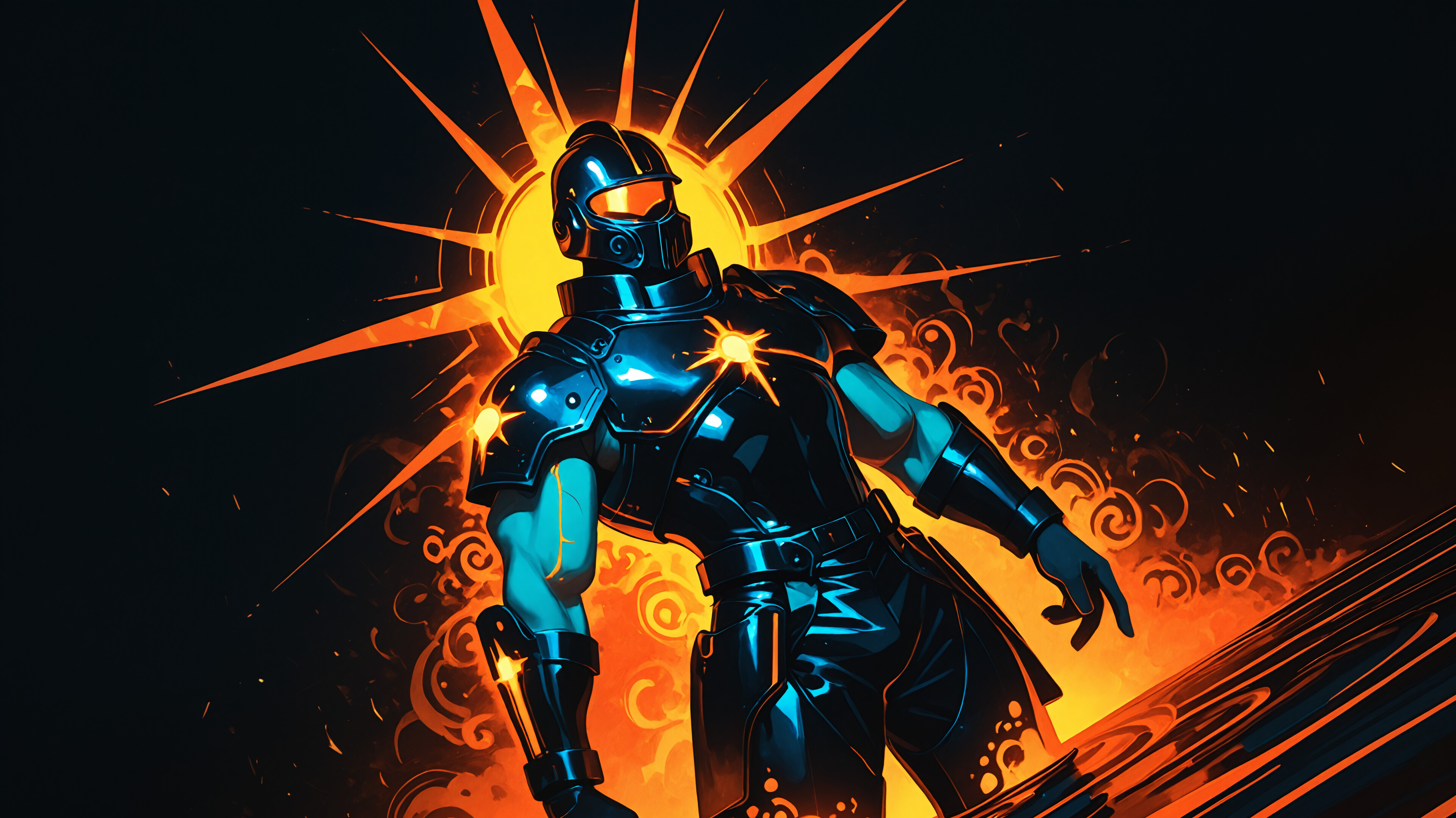 A giant, muscular figure in black and orange futuristic armor with a sunburst halo stands over a small, glowing white silhouette of a person against a black background.