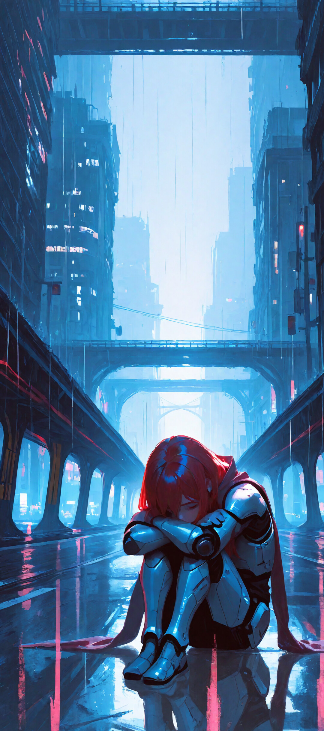A woman with long red hair wearing white and black futuristic armor sits huddled on the ground under an overpass in a rainy, neon-lit cyberpunk city, her head bowed in a melancholic pose.