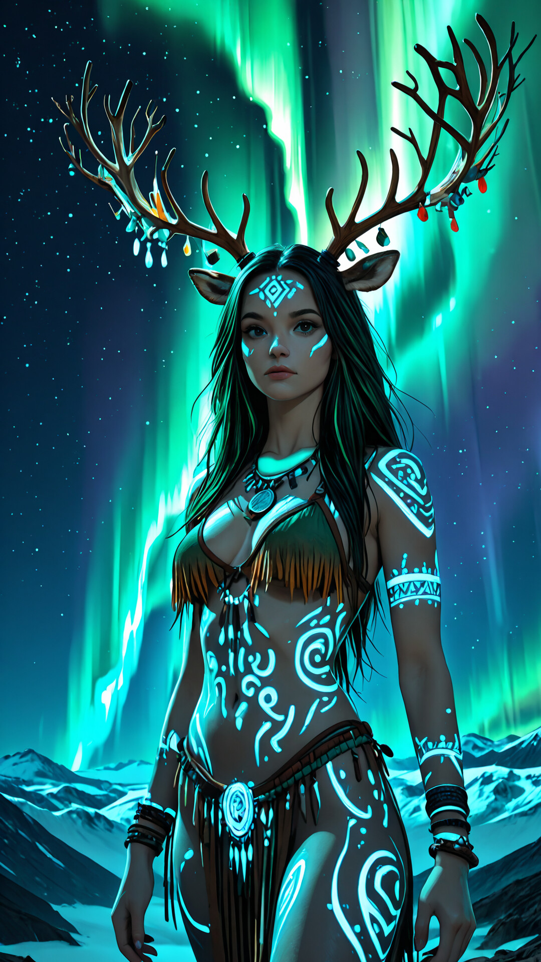A fantasy portrait of a topless woman with large deer antlers and glowing blue tribal paint on her face and body, standing in a snowy mountain landscape at night under the vibrant green aurora borealis.
