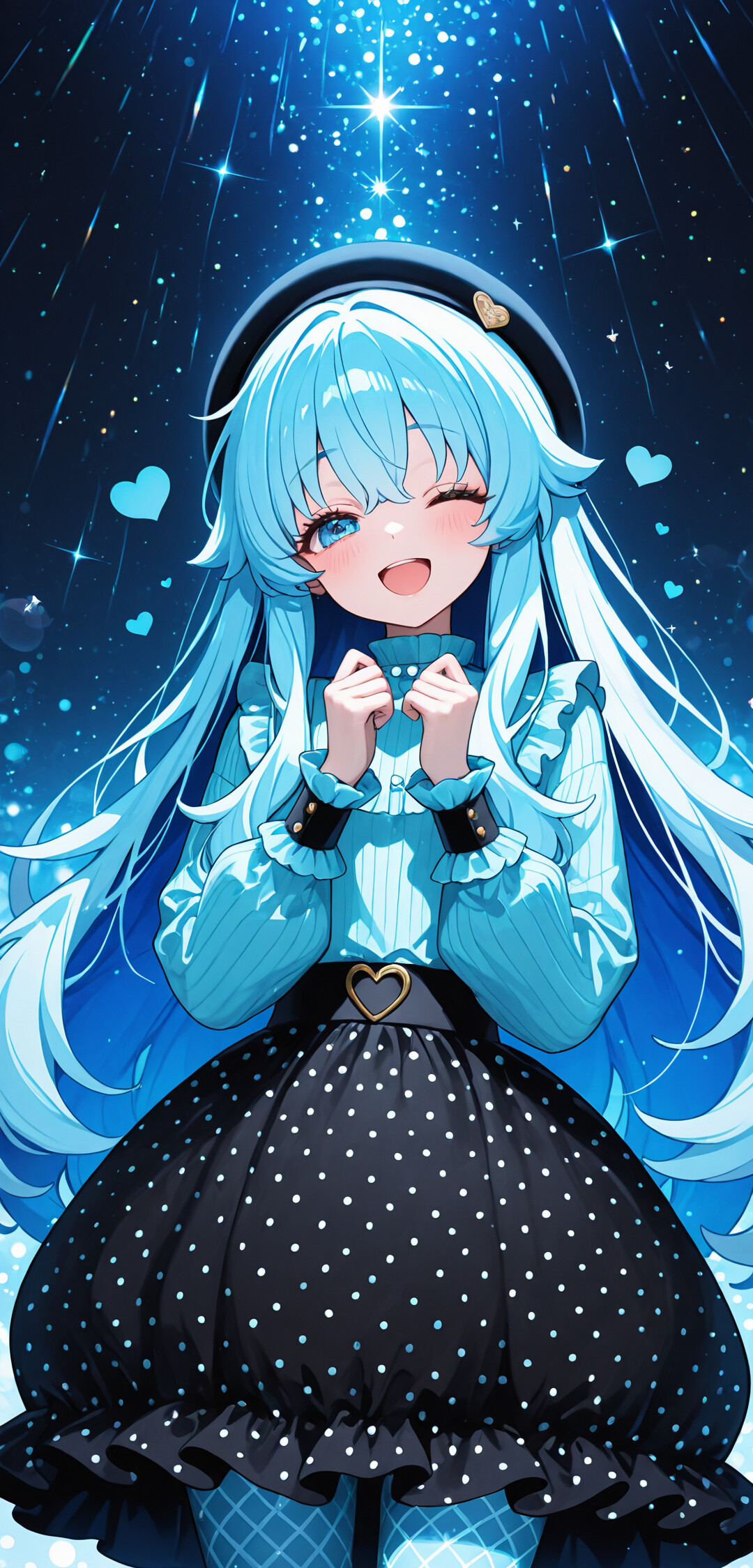 An anime girl with long light blue hair and a happy, winking expression, wearing a black beret, a light blue blouse, and a black polka dot skirt, stands against a sparkling, starry night background.