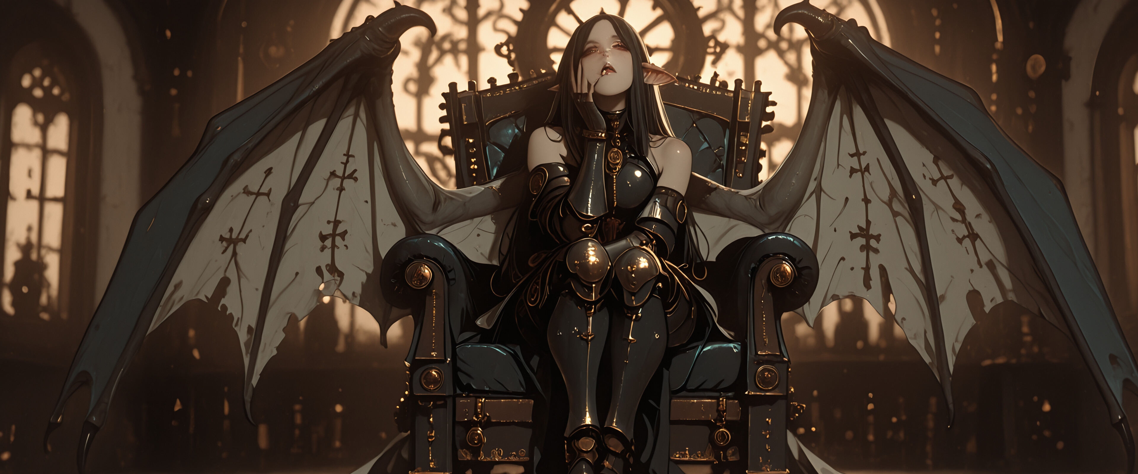 A white-haired elf with large, dark dragon wings sits thoughtfully in an ornate chair. She is wearing a detailed black and brass steampunk outfit in a gothic hall with large arched windows.