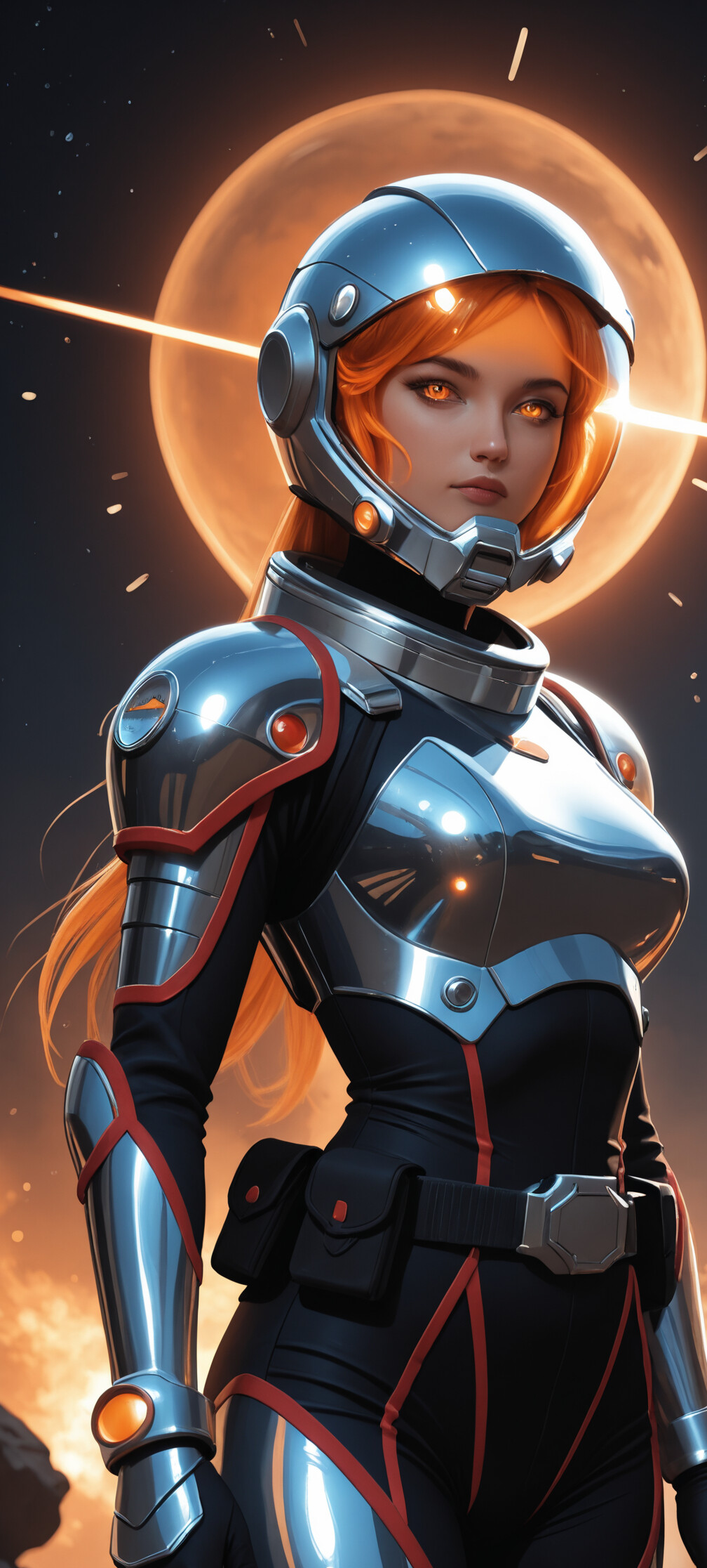 A digital illustration of a woman with vibrant orange hair and golden eyes wearing a futuristic silver and black spacesuit with a clear bubble helmet. She is set against a dark background of a planetary surface during a battle, with explosions and a bright star flaring in the sky.