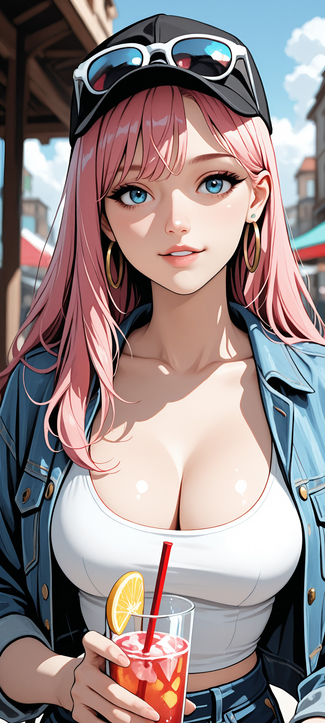 An anime-style portrait of a young woman with pink hair and blue eyes sitting at an outdoor cafe. She wears a black cap, sunglasses, a denim jacket, and holds a tall glass with a red-orange drink and a straw.