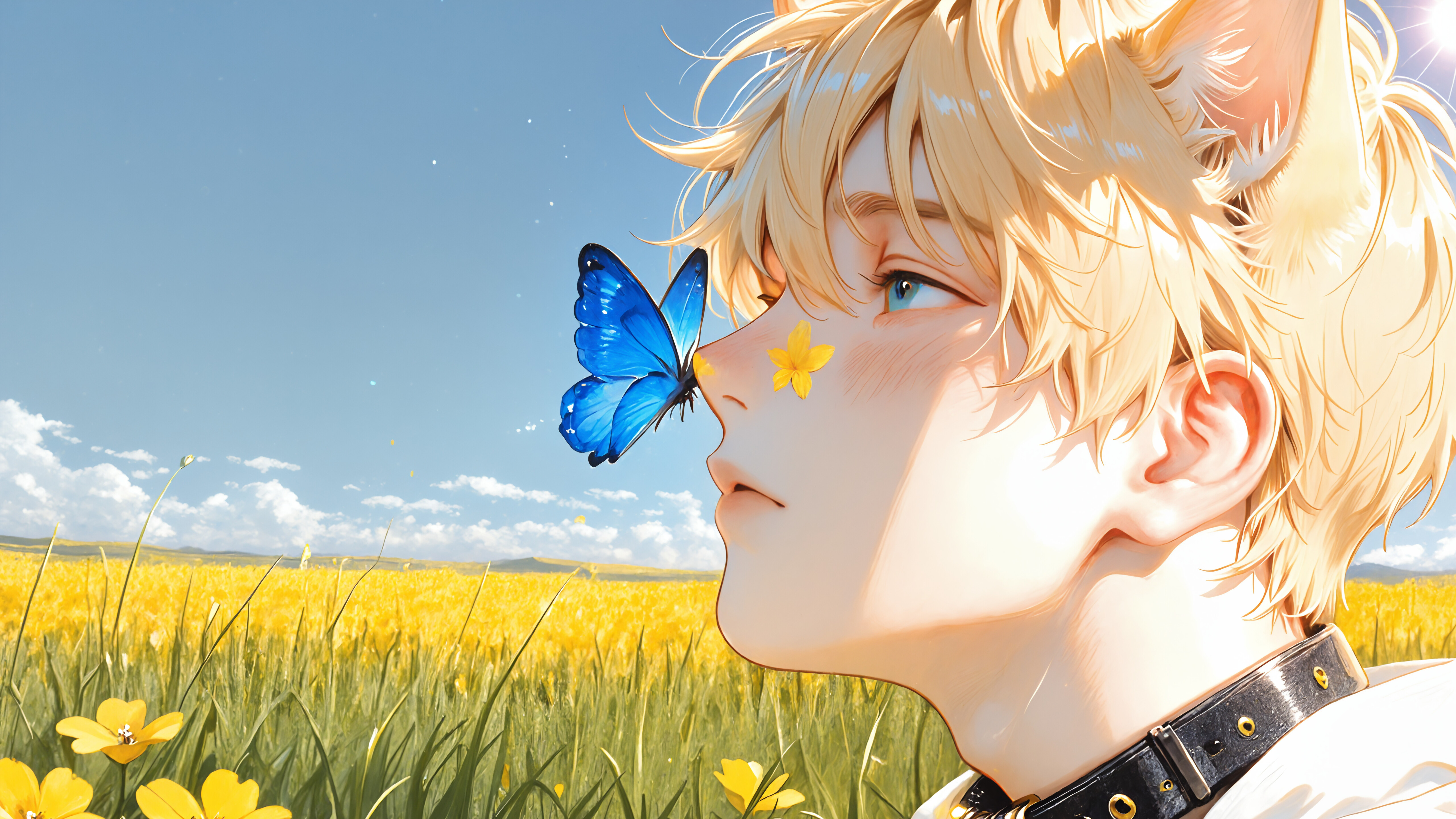 An anime-style illustration of a young man with blonde hair and cat ears in profile. He is in a sunny field of yellow flowers, looking up at a blue butterfly near his face. He wears a black collar and a white shirt.
