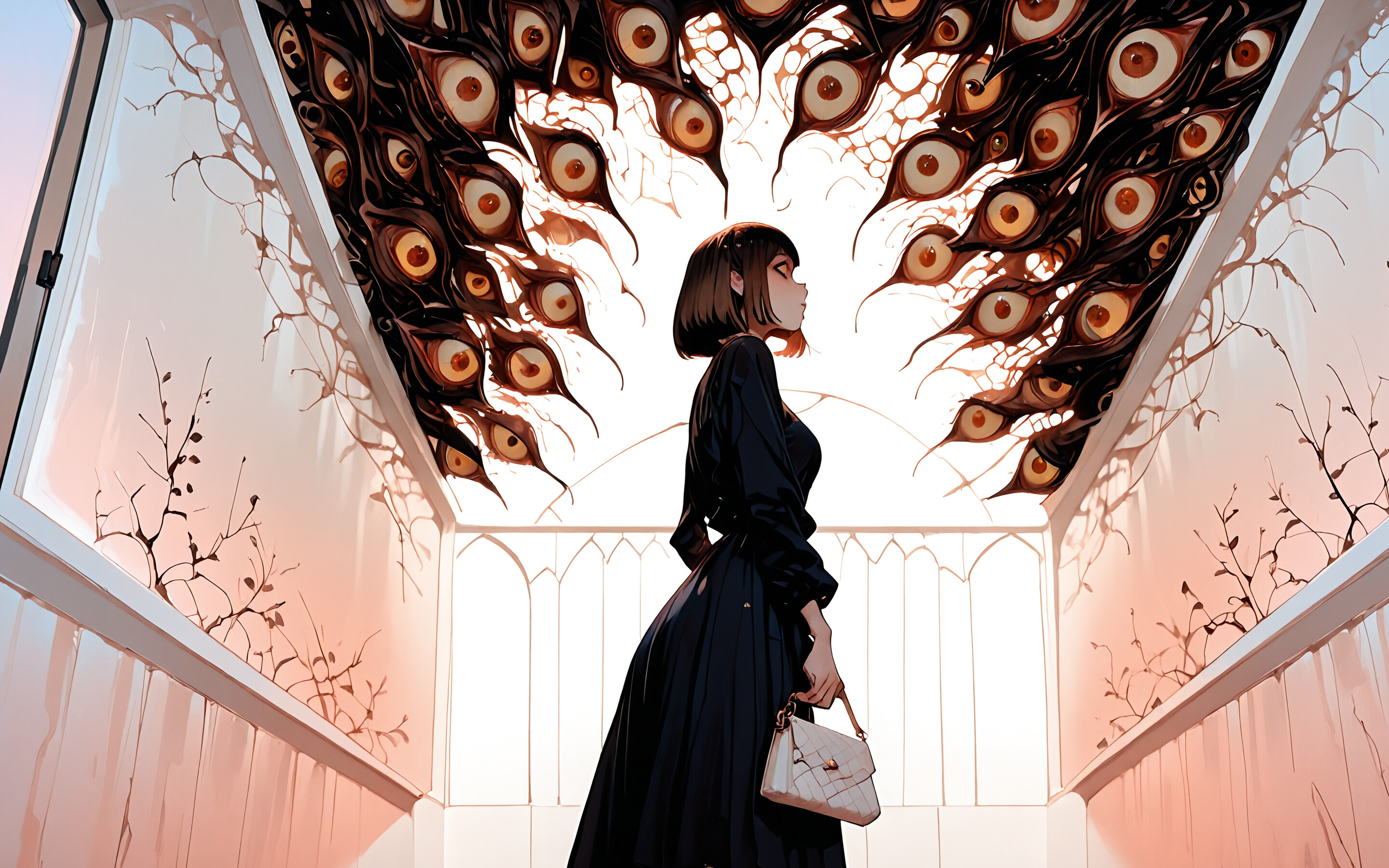 An anime-style illustration of a fashionable woman with short brown hair standing in a white hallway where the walls and a dark doorway are filled with hundreds of watching eyes.