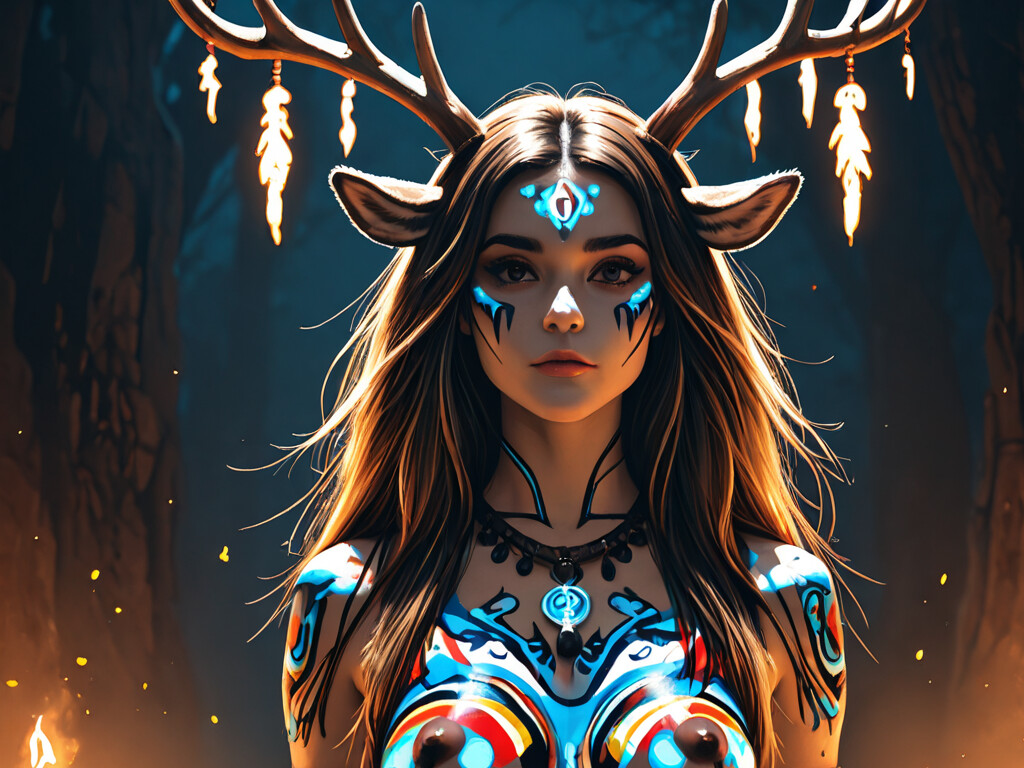A fantasy portrait of a topless young woman with blonde hair, antlers, and deer ears. Her body and face are covered in glowing blue tribal runes, and she stands in a dark forest with rays of light behind her.