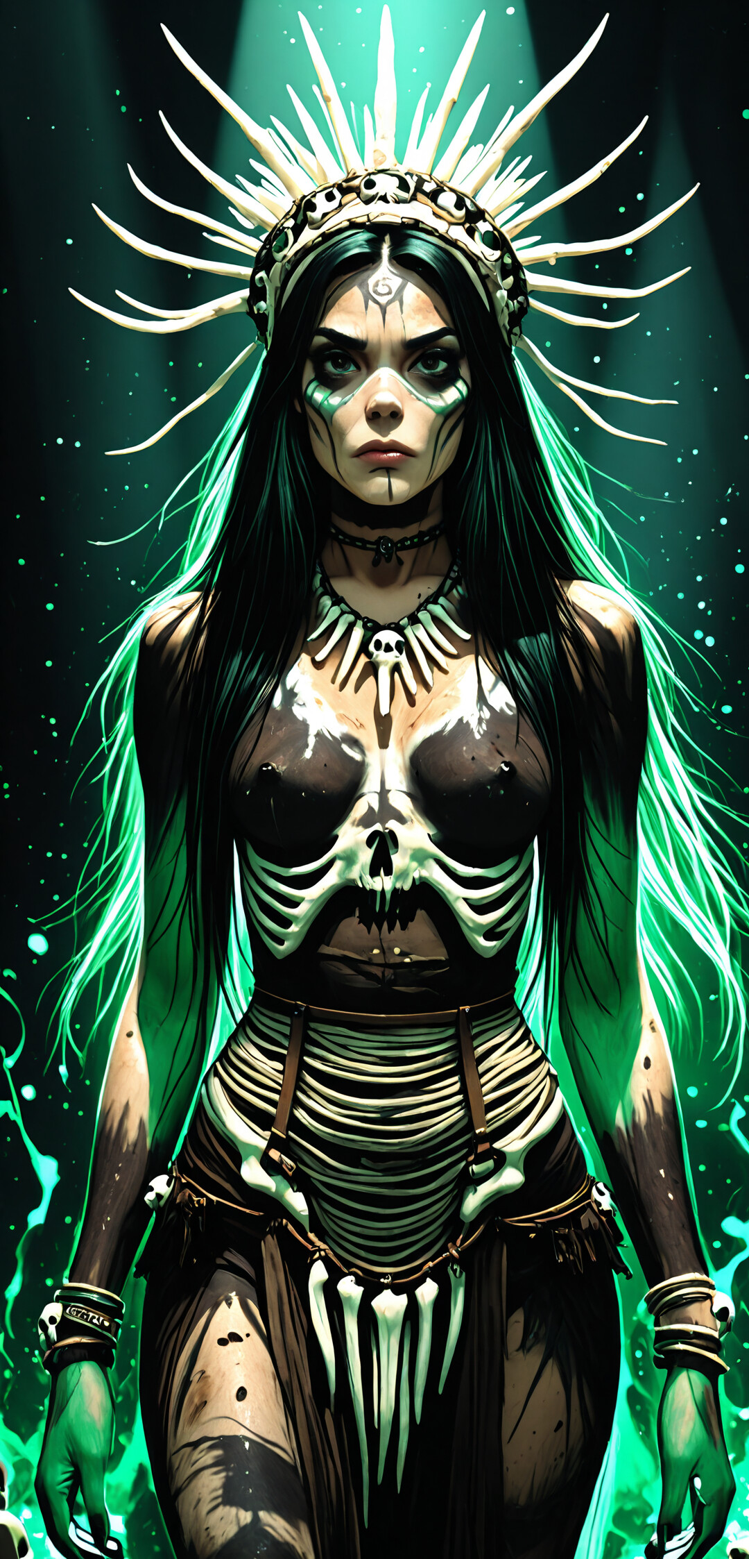 A female shaman with skull face paint and an elaborate bone headdress stands in a dark forest, holding a glowing green orb of magical energy.