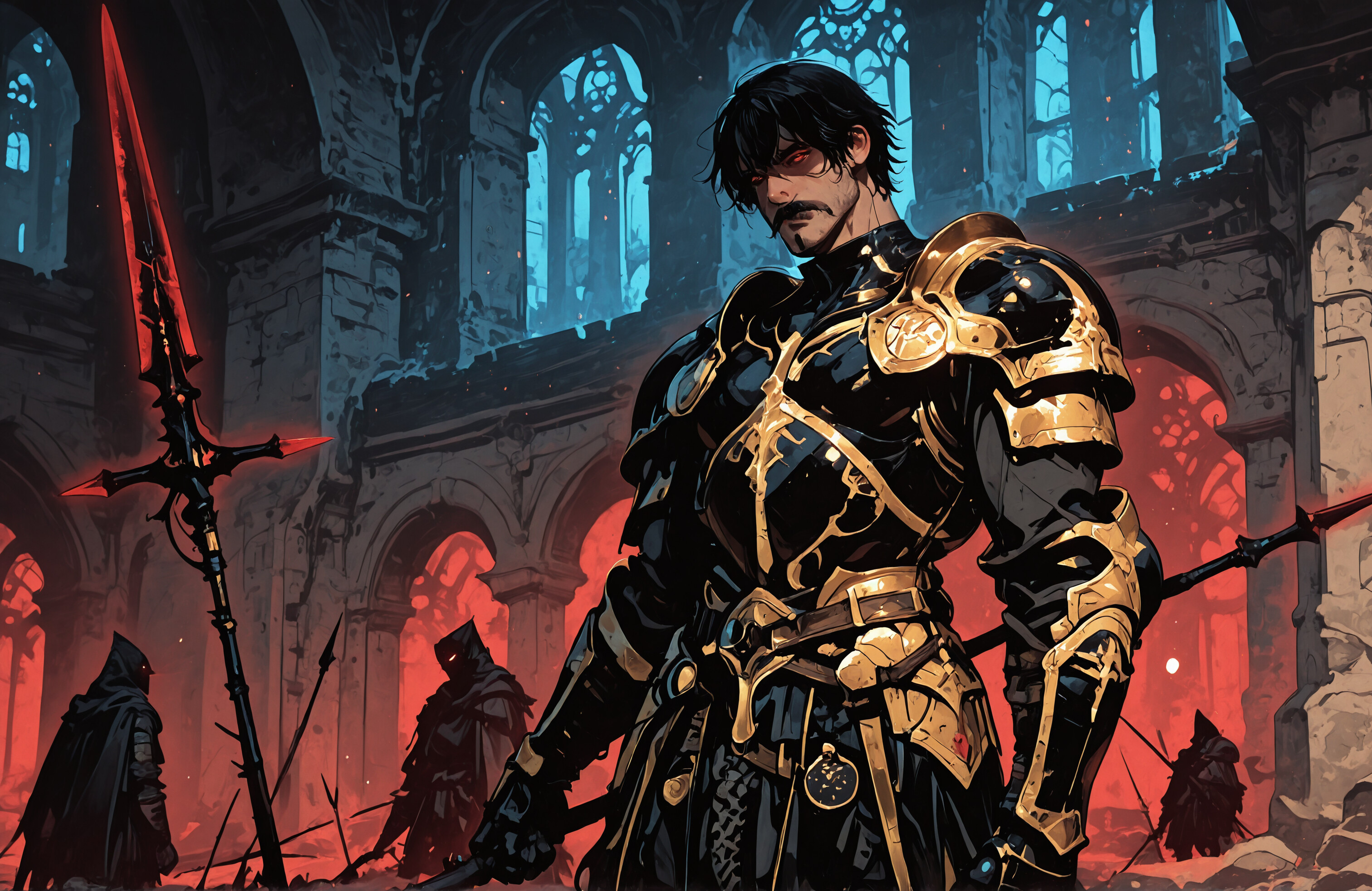 A muscular dark-haired warrior with a mustache and glowing red eyes, wearing elaborate black and gold armor and holding a large spear, standing in front of a red-skied archway.