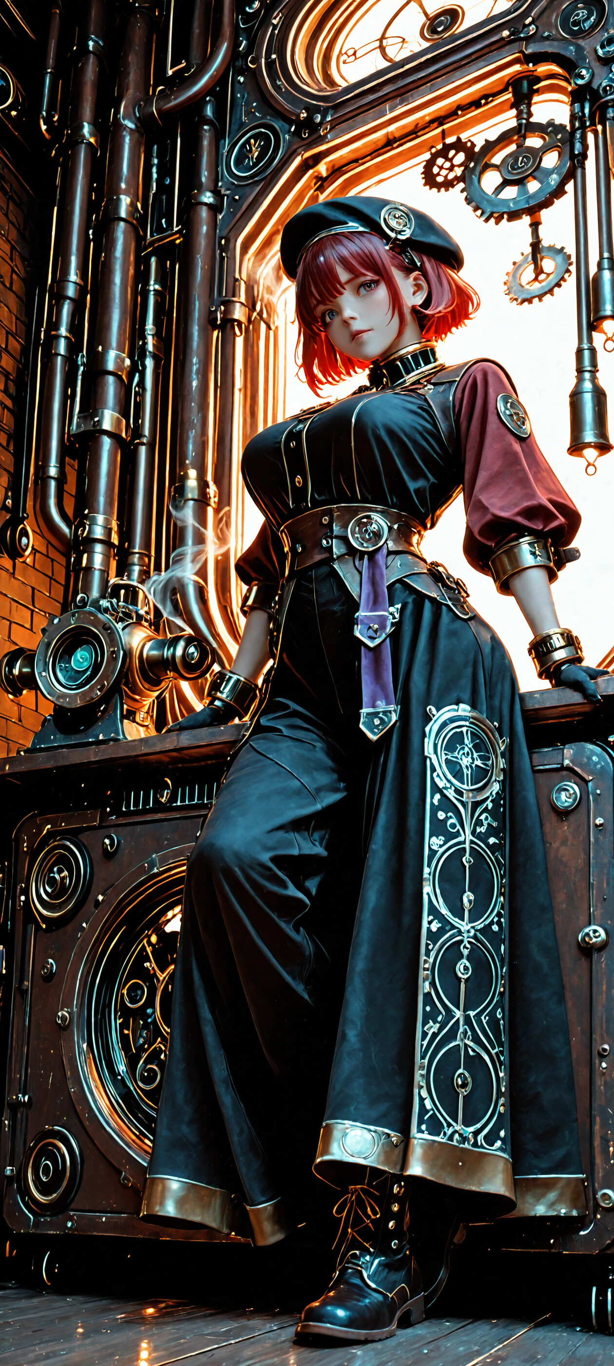 A full-body illustration of a young woman with short red hair in a steampunk engineer outfit, leaning against a large, ornate metal machine in a workshop filled with pipes and gears.
