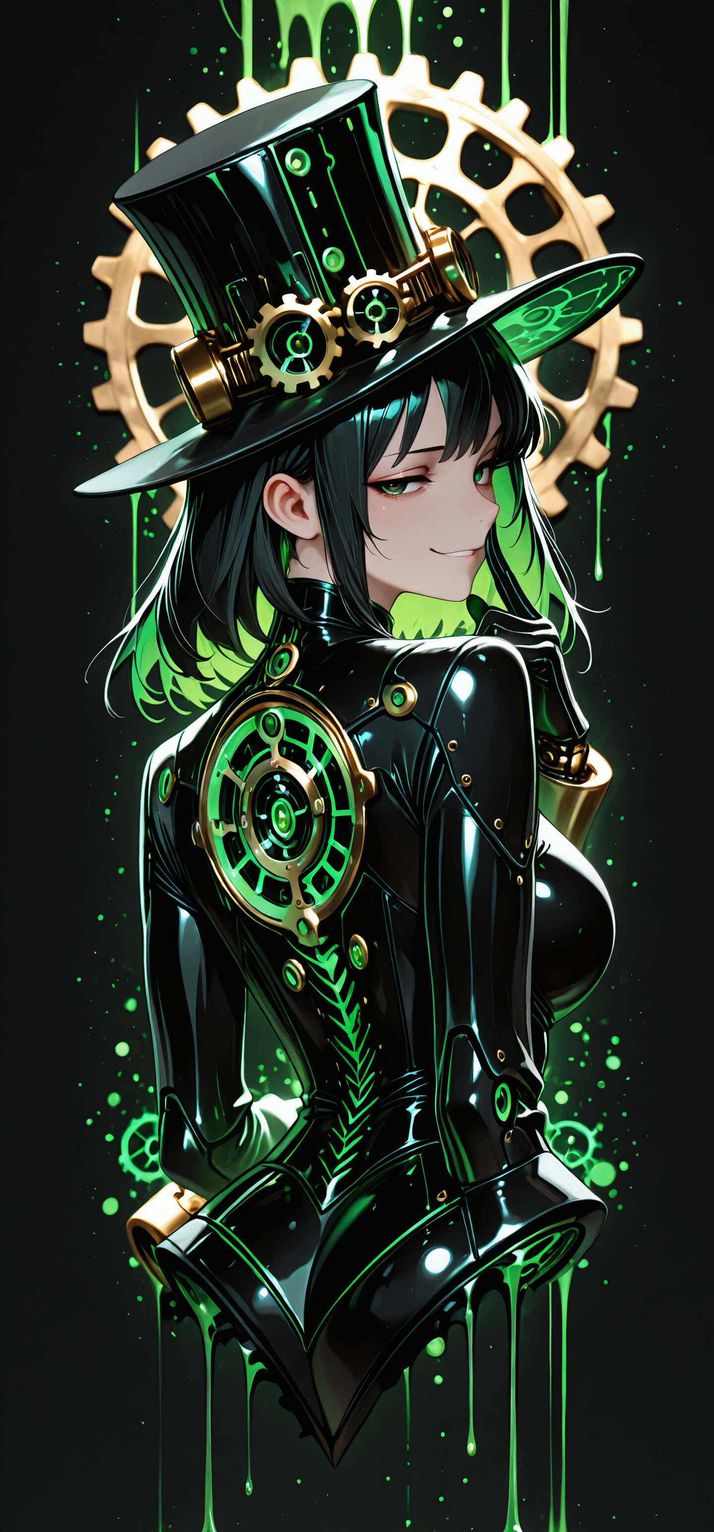 An anime-style character with short black and glowing green hair looks over her shoulder with a smirk. She wears a black steampunk outfit and a top hat that is overflowing with a dripping, glowing green substance.