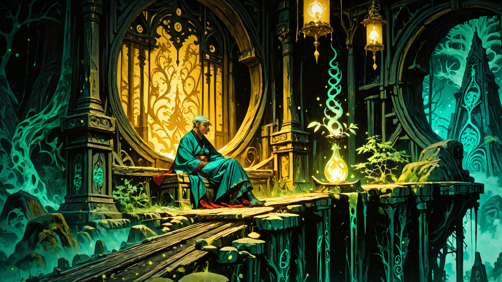 A full-length digital illustration of a wise old sage with white hair in green robes, standing on a platform in a dark, mystical temple. He looks down at a small, glowing plant, while a large, golden arched window glows behind him.