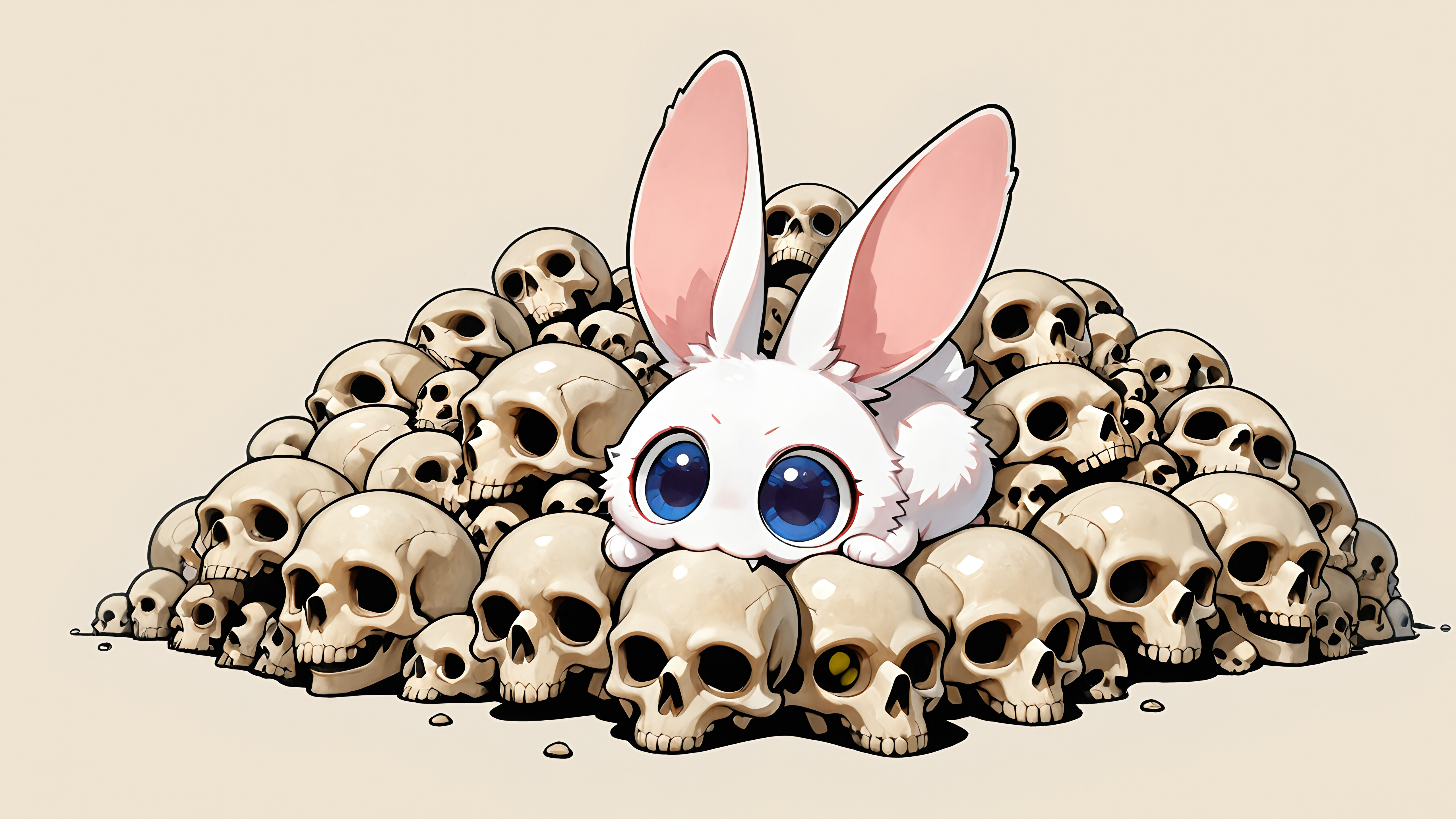 A cute, white chibi-style rabbit with large red eyes and fangs, biting a human skull while sitting on a large pile of other skulls.
