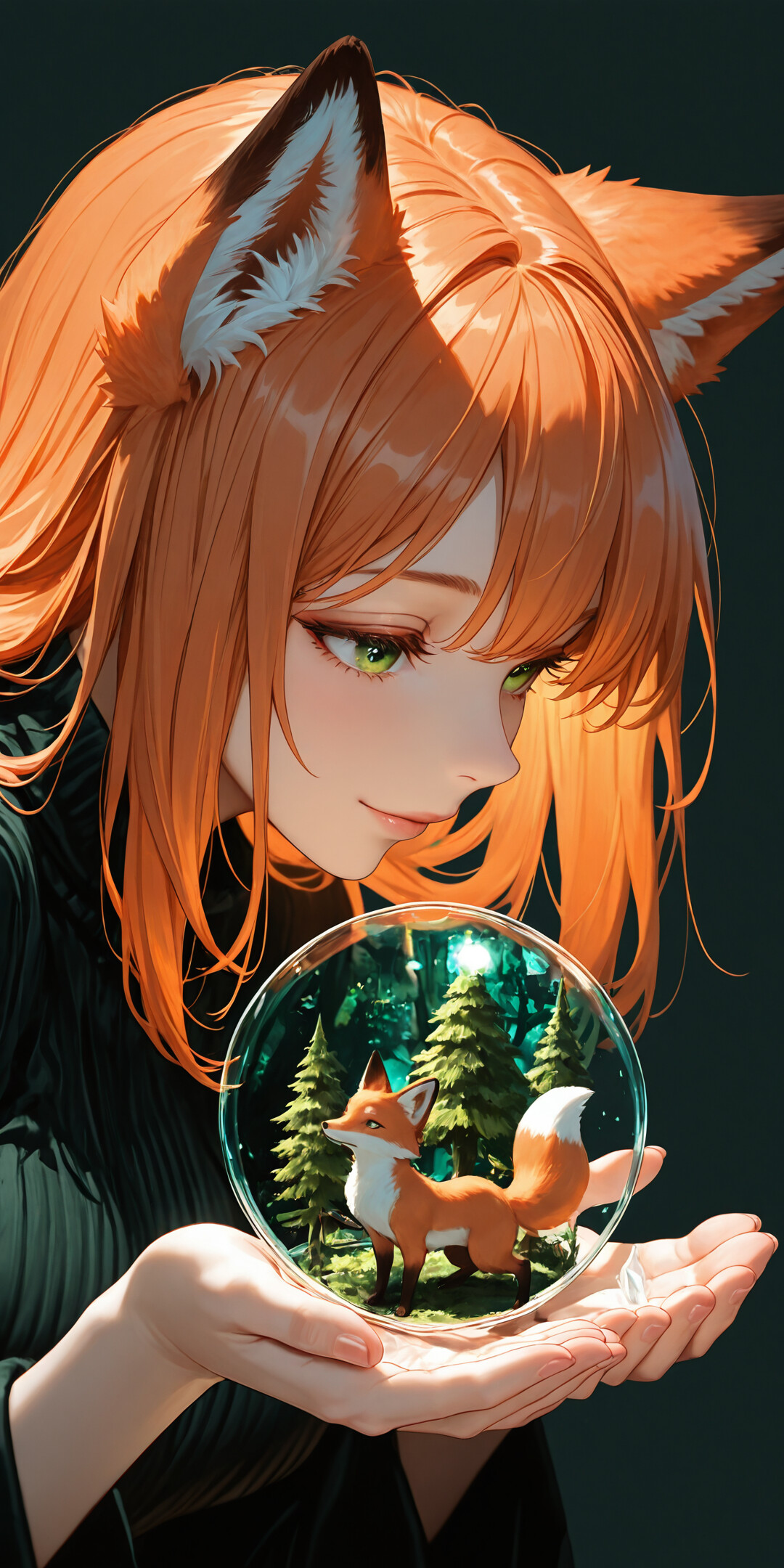 An anime-style illustration of a fox girl with orange hair and green eyes holding a glass orb containing a miniature forest, accompanied by a large fox.