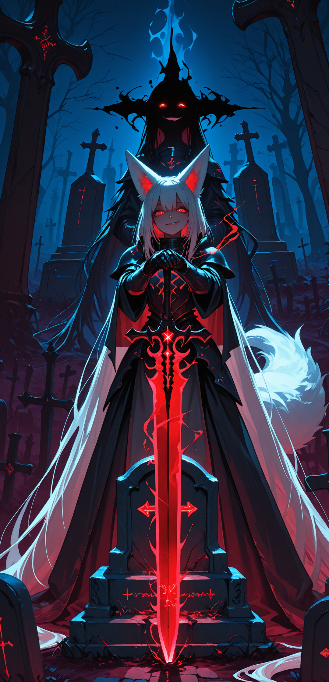 A full-body illustration of a female knight with white fox ears, a fluffy white tail, long white hair, and glowing red eyes. She is wearing black armor and stands in a dark graveyard at night, resting her hands on a large greatsword that is planted in the ground and glowing with red runes.