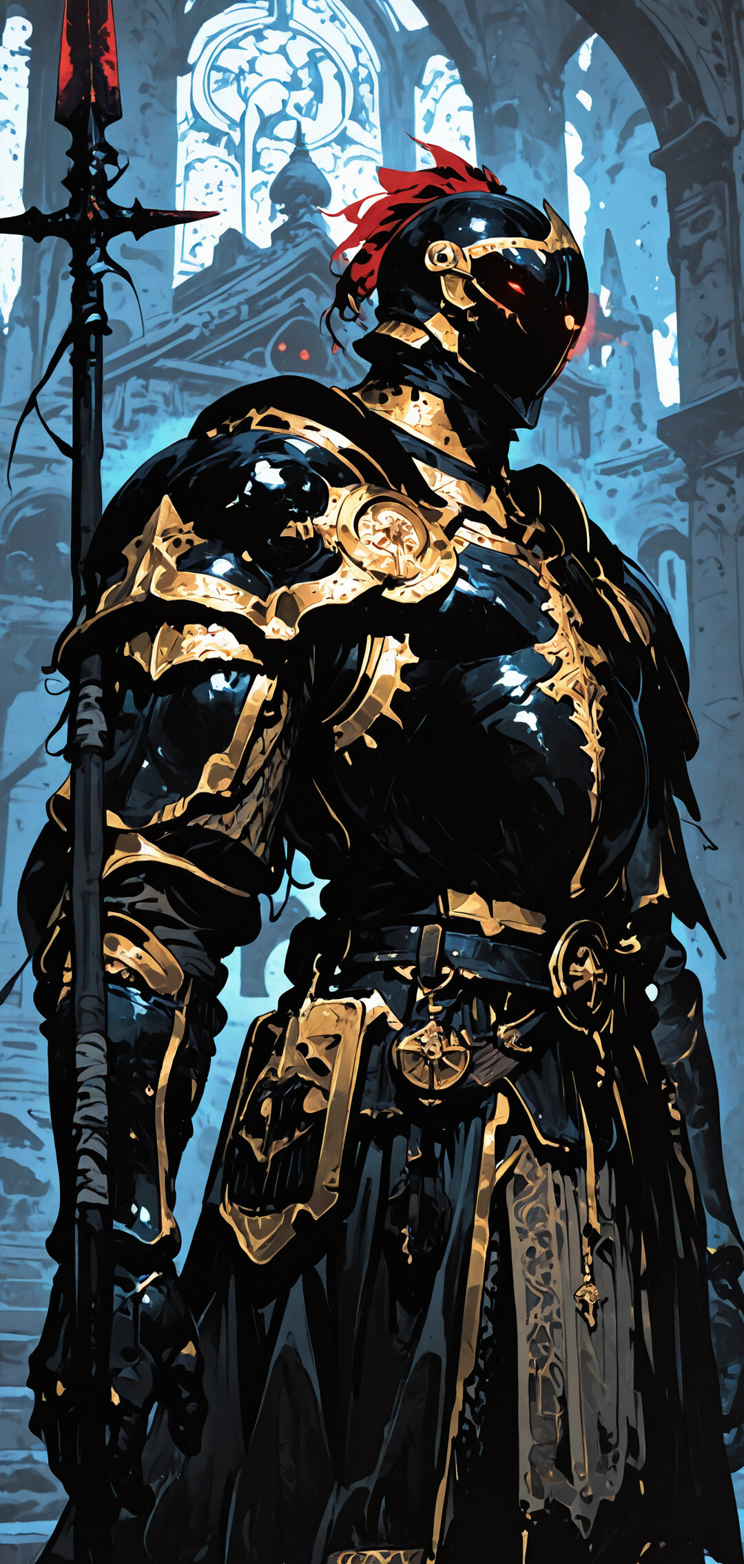 A tall knight in elaborate black and gold armor with glowing red eyes, holding a large spear while standing inside a stone temple with dramatic red backlighting.