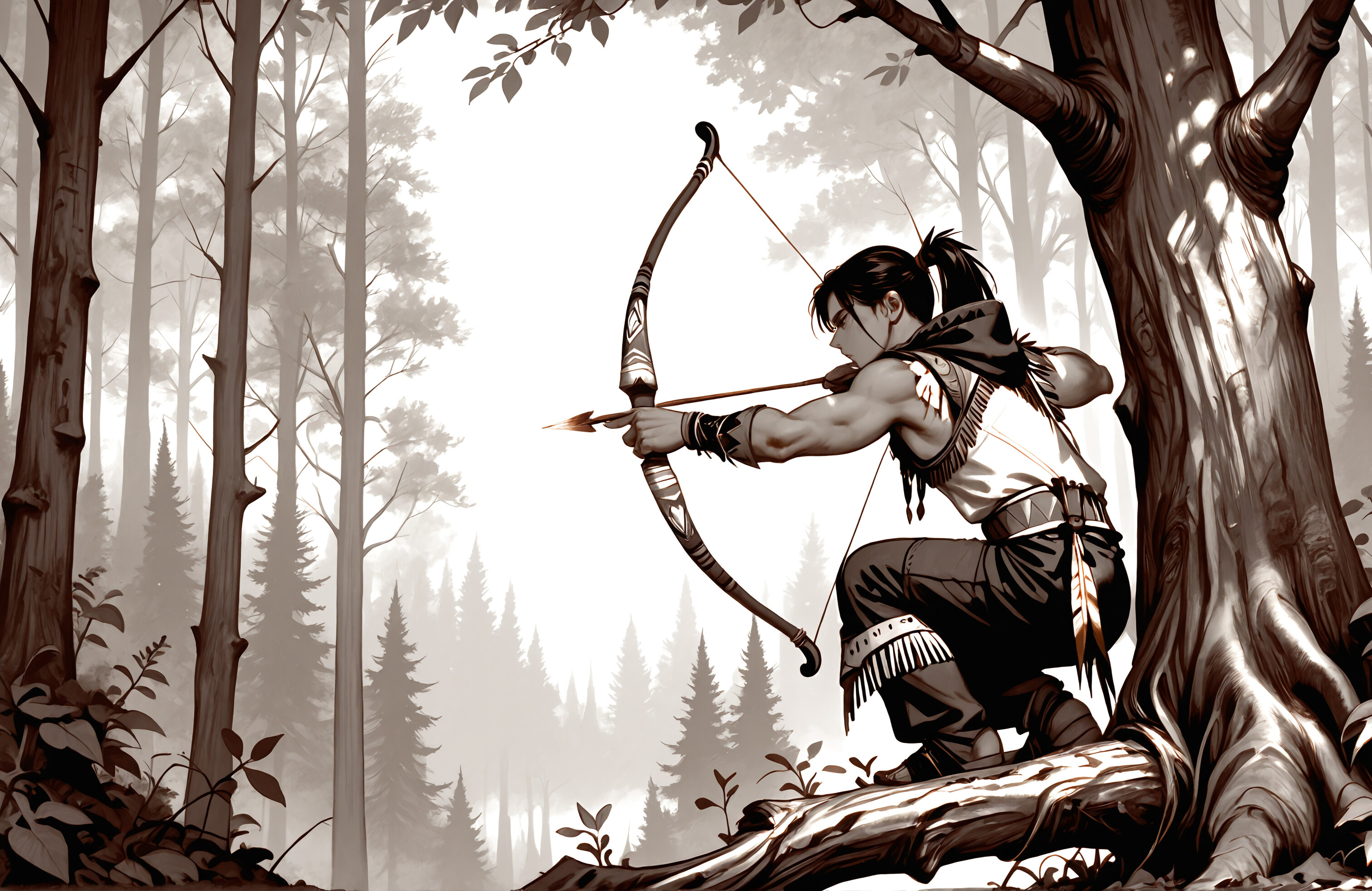 A muscular man with a ponytail and a shoulder tattoo sits on a tree branch in a forest, aiming a bow and arrow. The image is a black and white illustration.