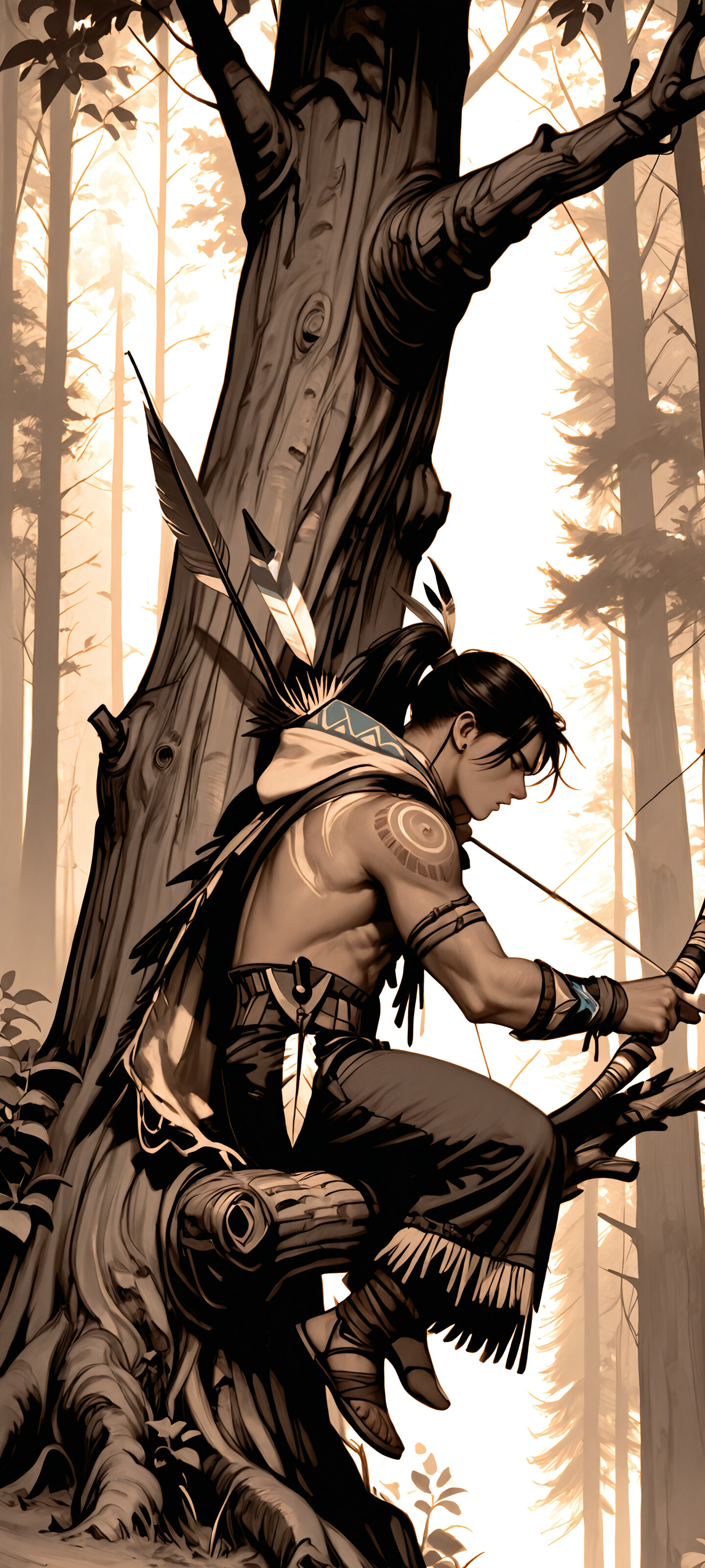 A muscular man with a ponytail and a shoulder tattoo sits on a tree branch in a forest, aiming a bow and arrow. The image is a black and white illustration.