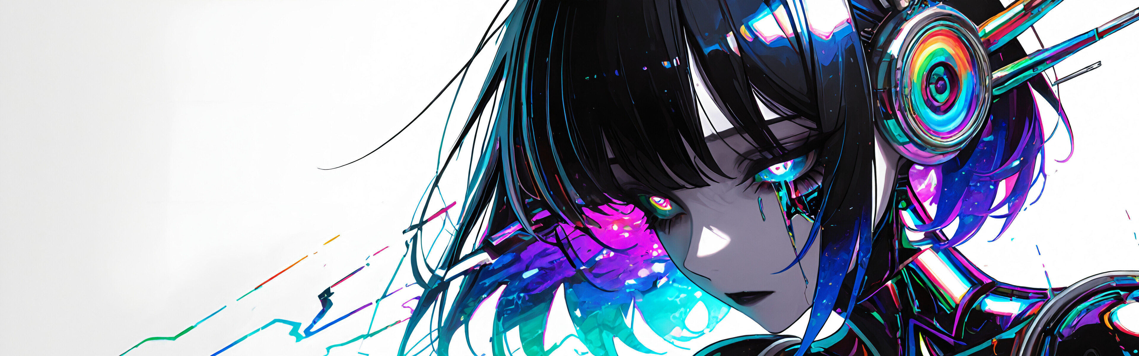 A close-up portrait of an anime-style android girl with short black and purple hair. She has glowing, multicolored eyes with black tears, a colorful glitch on her cheek, and wears a black cybernetic suit and a vibrant headset against a white background.
